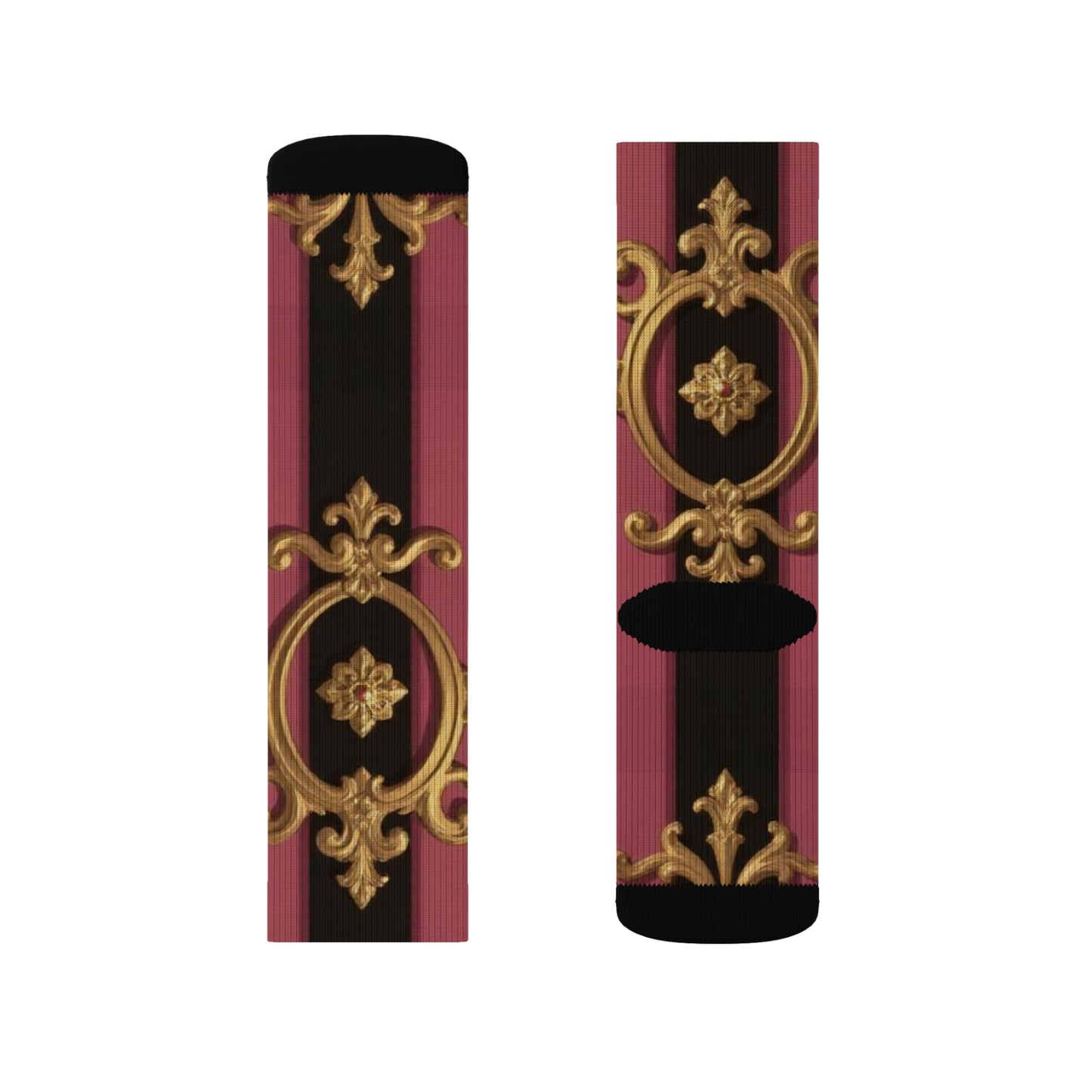 Stylish Sublimation Socks, Black & Mauve Striped Gold Baroque Fashion Socks, Unique Gift Socks, Cozy Home Socks, Trendy Footwear, Comfortable Dress Socks