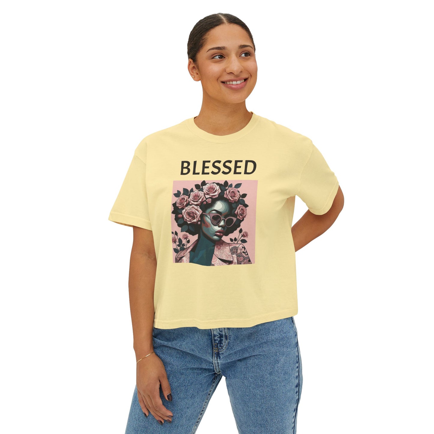 Blessed Women's Boxy Tee, Inspirational Graphic Tee, Positive Affirmation Shirt, Gift for Her, Casual Wear, Self-Love Top - Black Lettering