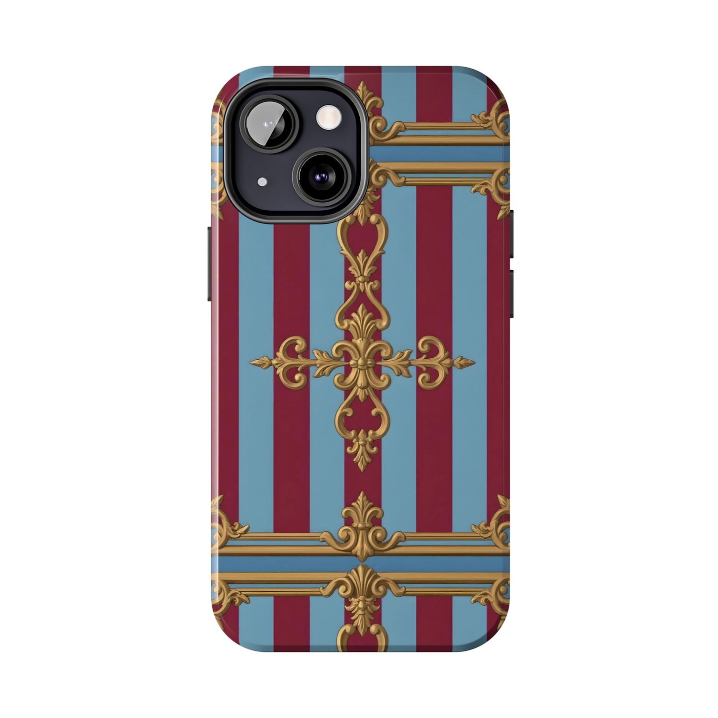 Elegant Patterned Tough Phone Cases, Stylish Phone Cover, Durable Phone Protection, Unique Gift Idea - Sky Blue & Maroon Striped Baroque
