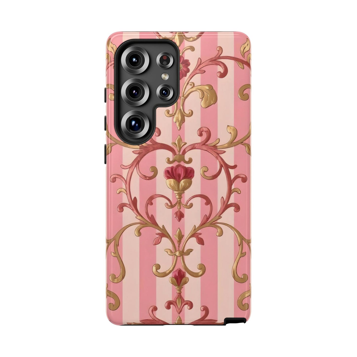 Elegant Floral Motif Phone Case - Tough Cases with Vintage Design - Pink Striped Rose Gold Damask