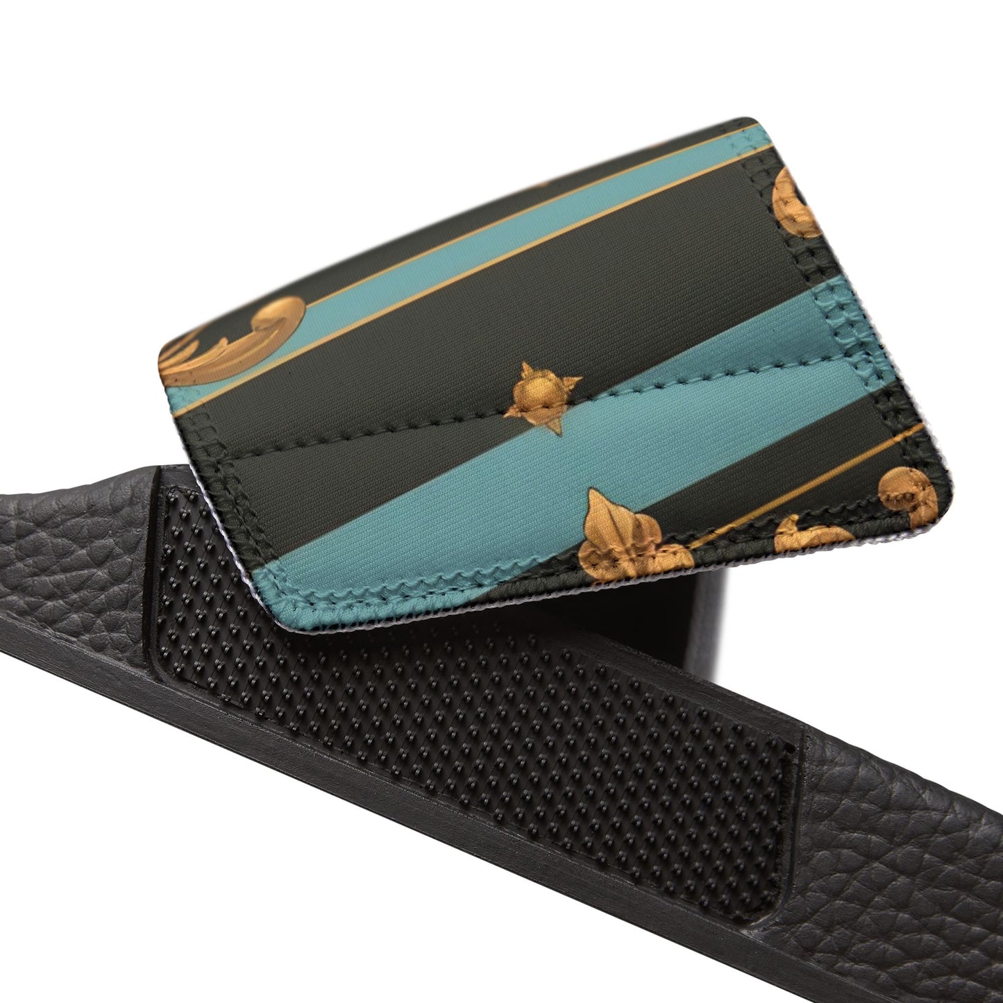 Chic Women's Removable-Strap Sandals - Stylish Summer Footwear, Poolside Essential, Vacation Must-Have - Black & Turquoise Striped Baroque