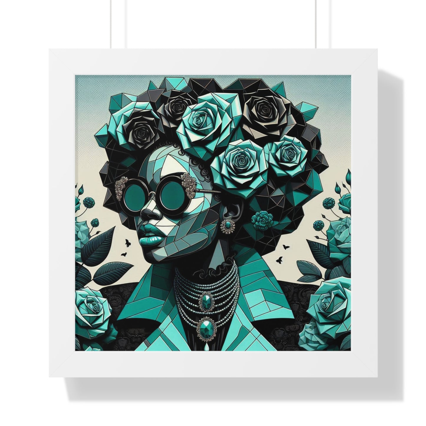 Framed Art Poster, Bohemian Home Decor, Wall Art for Living Room, Gift for Art Lovers, Unique Framed Wall Decor - Turquoise & Black Roses Lady