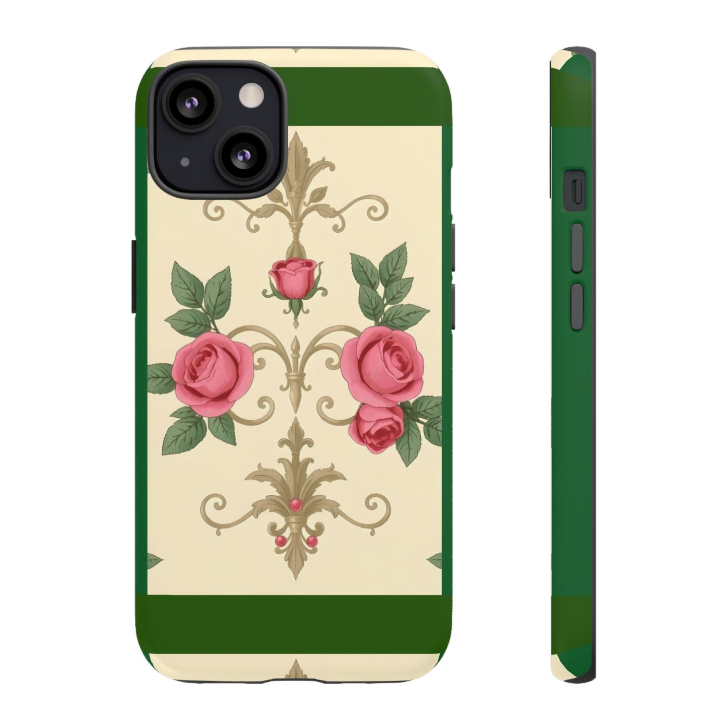 Elegant Floral Motif Phone Case - Tough Cases with Vintage Design - Green Border Roses & Damask
