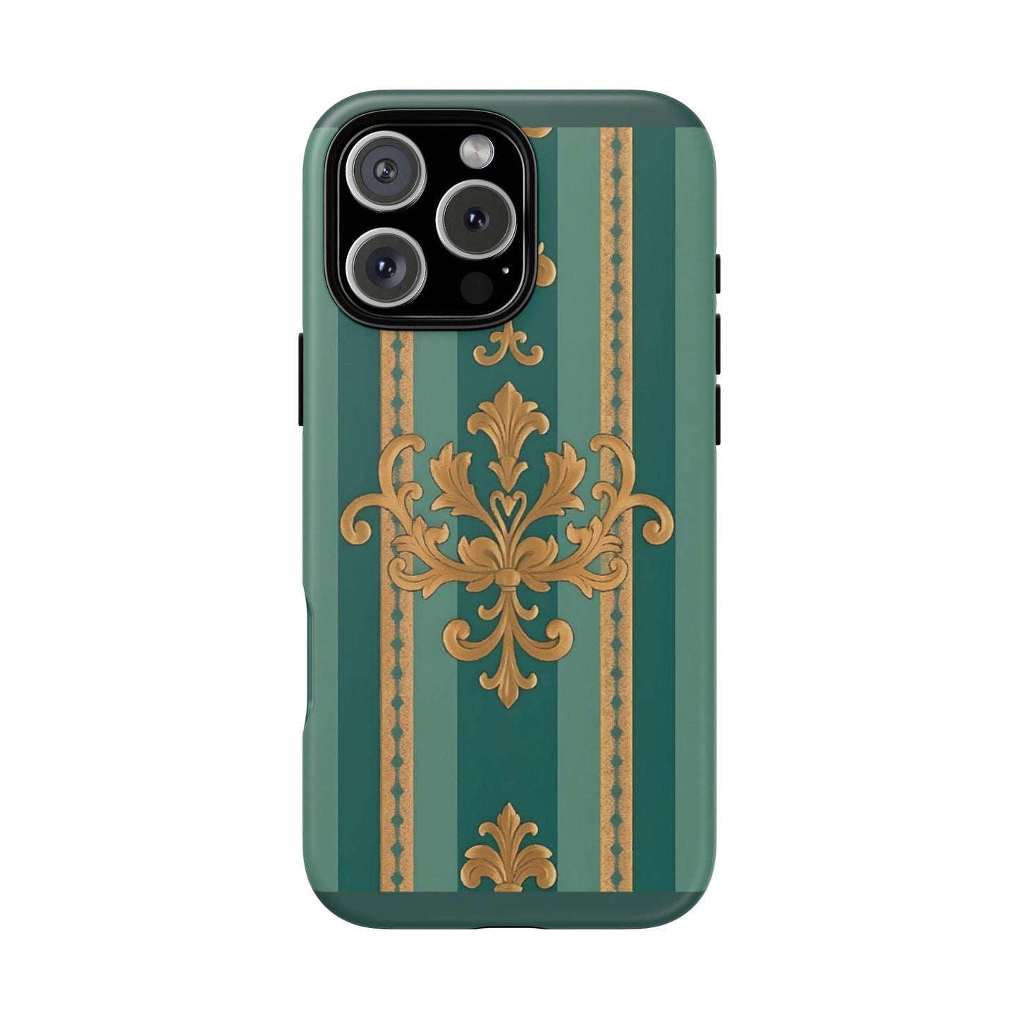 Elegant Floral Motif Phone Case - Tough Cases with Vintage Design - Teal Striped Gold Damask