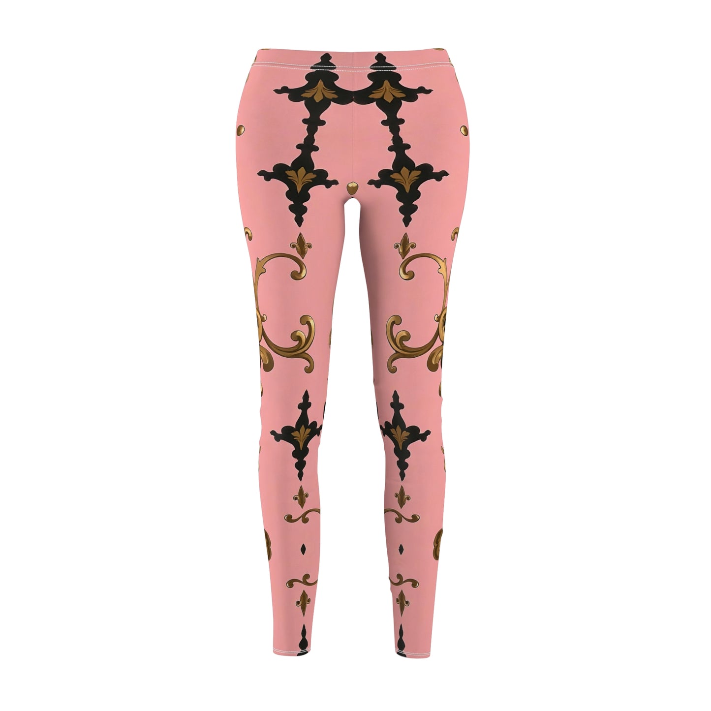 Chic Pink Patterned Casual Leggings, Stylish Workout Leggings, Fashion Leggings, Unique Gift for Her - Pink, Black & Gold Rococo