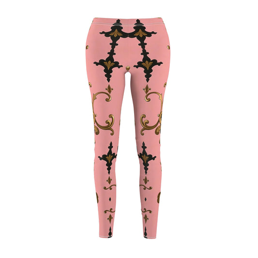 Chic Pink Patterned Casual Leggings, Stylish Workout Leggings, Fashion Leggings, Unique Gift for Her - Pink, Black & Gold Rococo