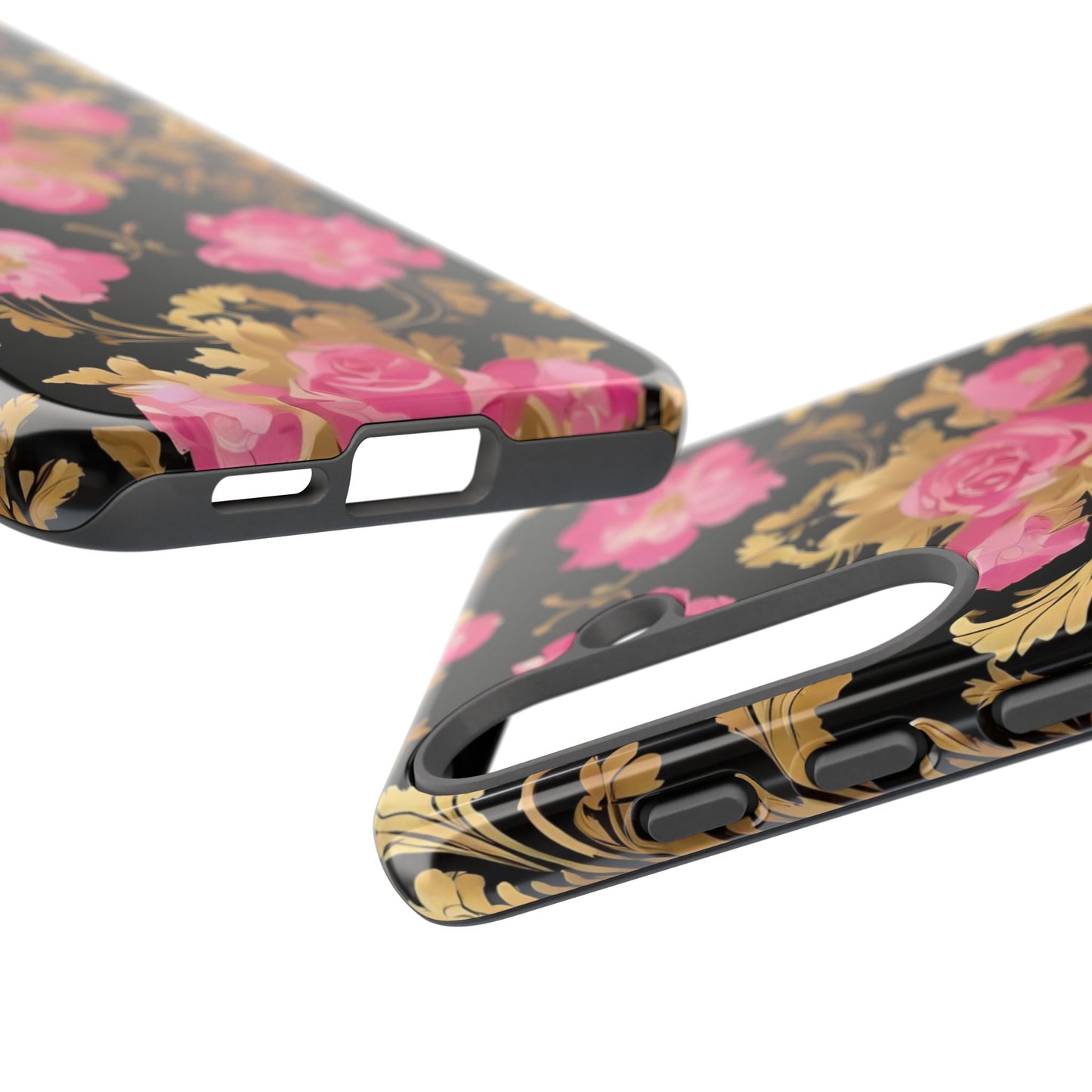 Elegant Floral Motif Phone Case - Tough Cases with Vintage Design - Pink & Gold Roses