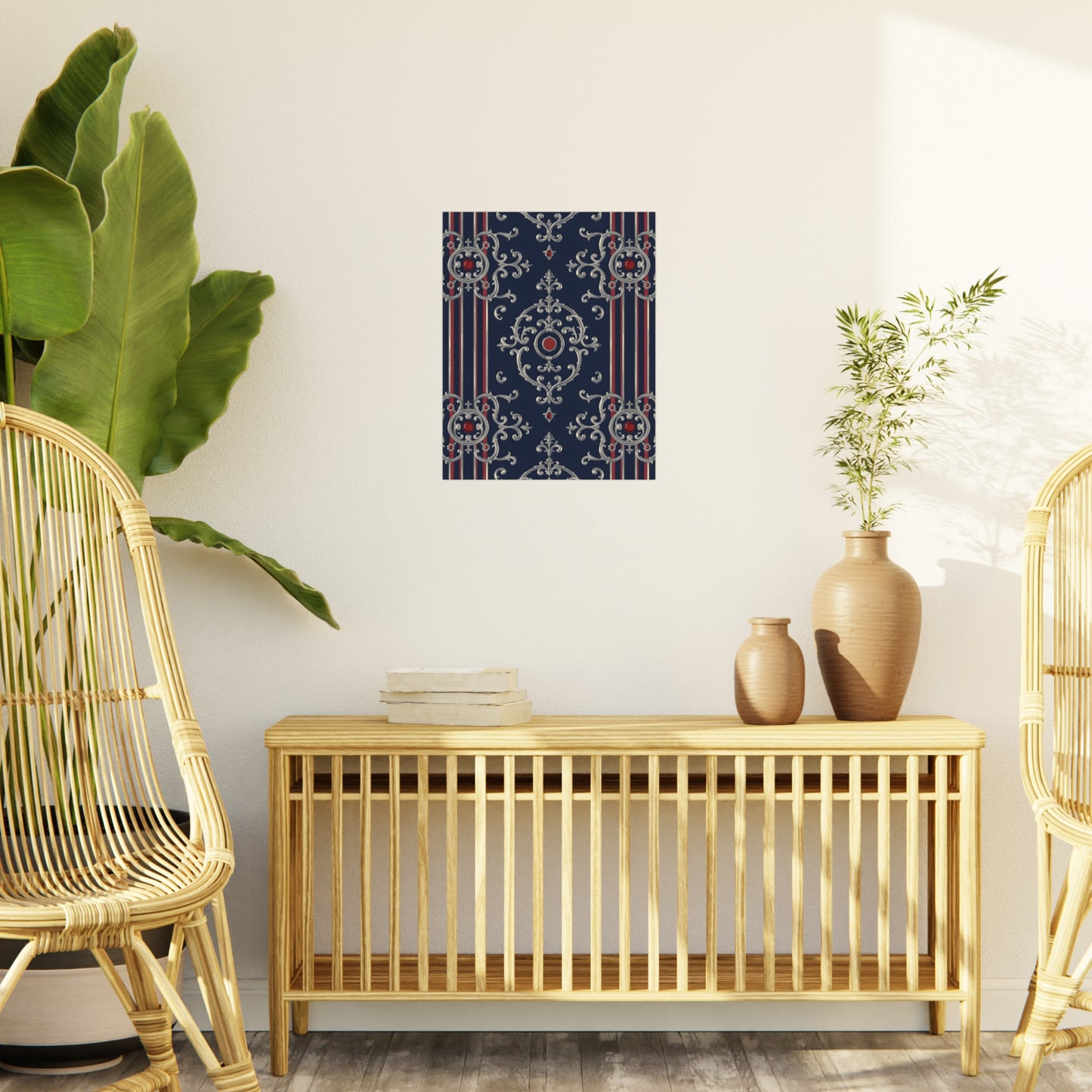 Elegant Foam Board Decor, Nautical Wall Art, Framed Print Alternative, Home Office Wall Accent, Gift for Him/Her - Blue & Red Striped Silver Baroque