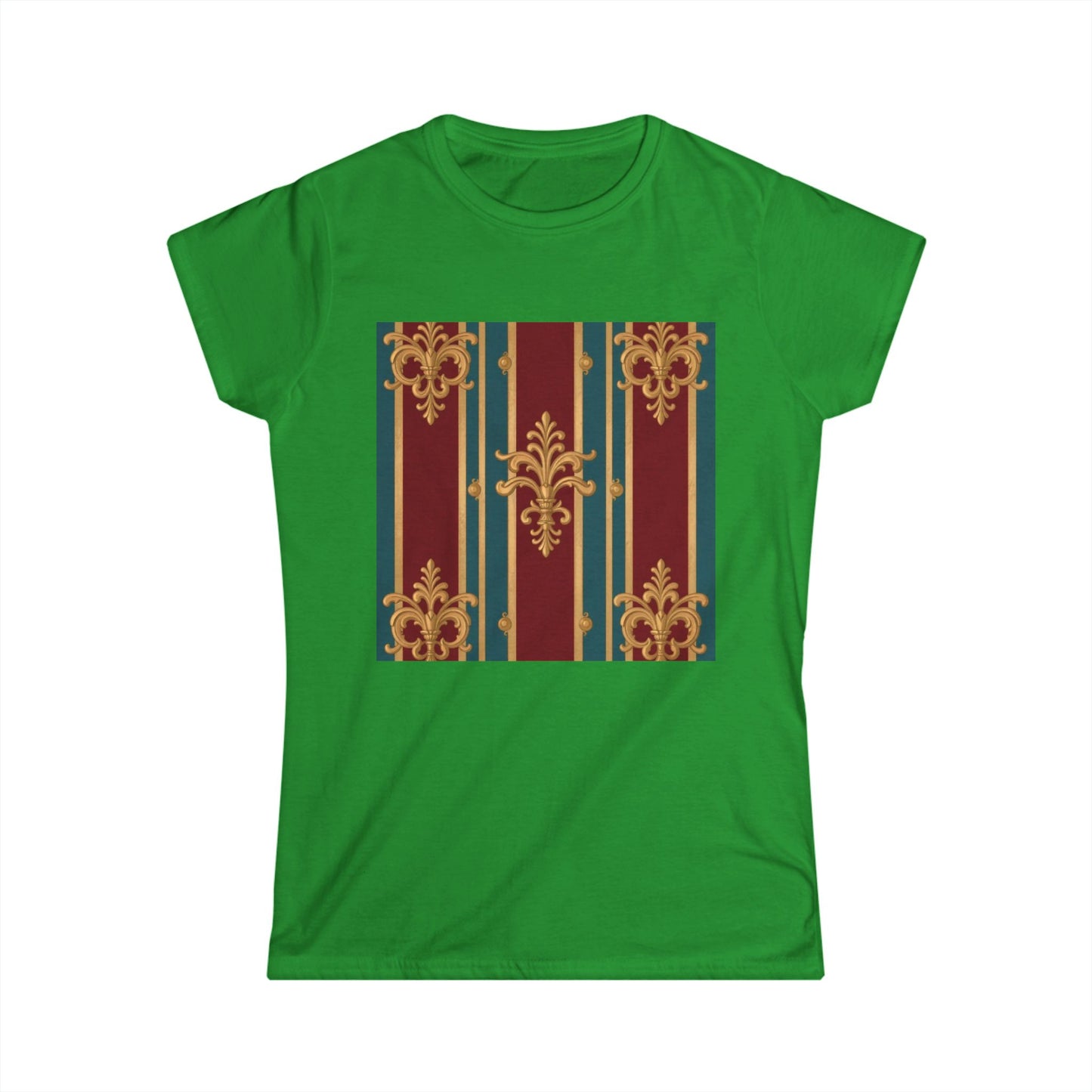 Elegant Floral Design Women's Softstyle Tee - Casual Wear, Gift for Her, Birthday, Summer Fashion - Burgundy Striped Gold Baroque