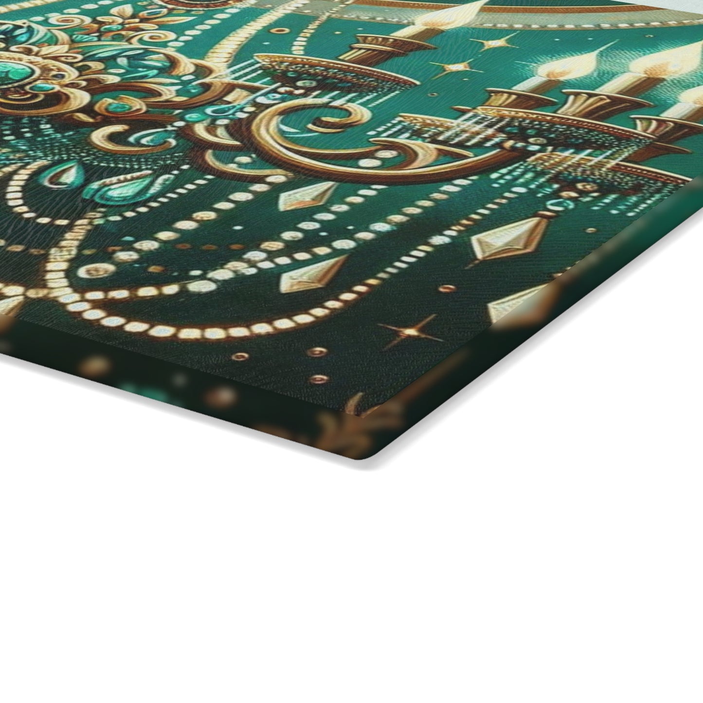 Glass Cutting Board - Green & Gold Jeweled Chandelier