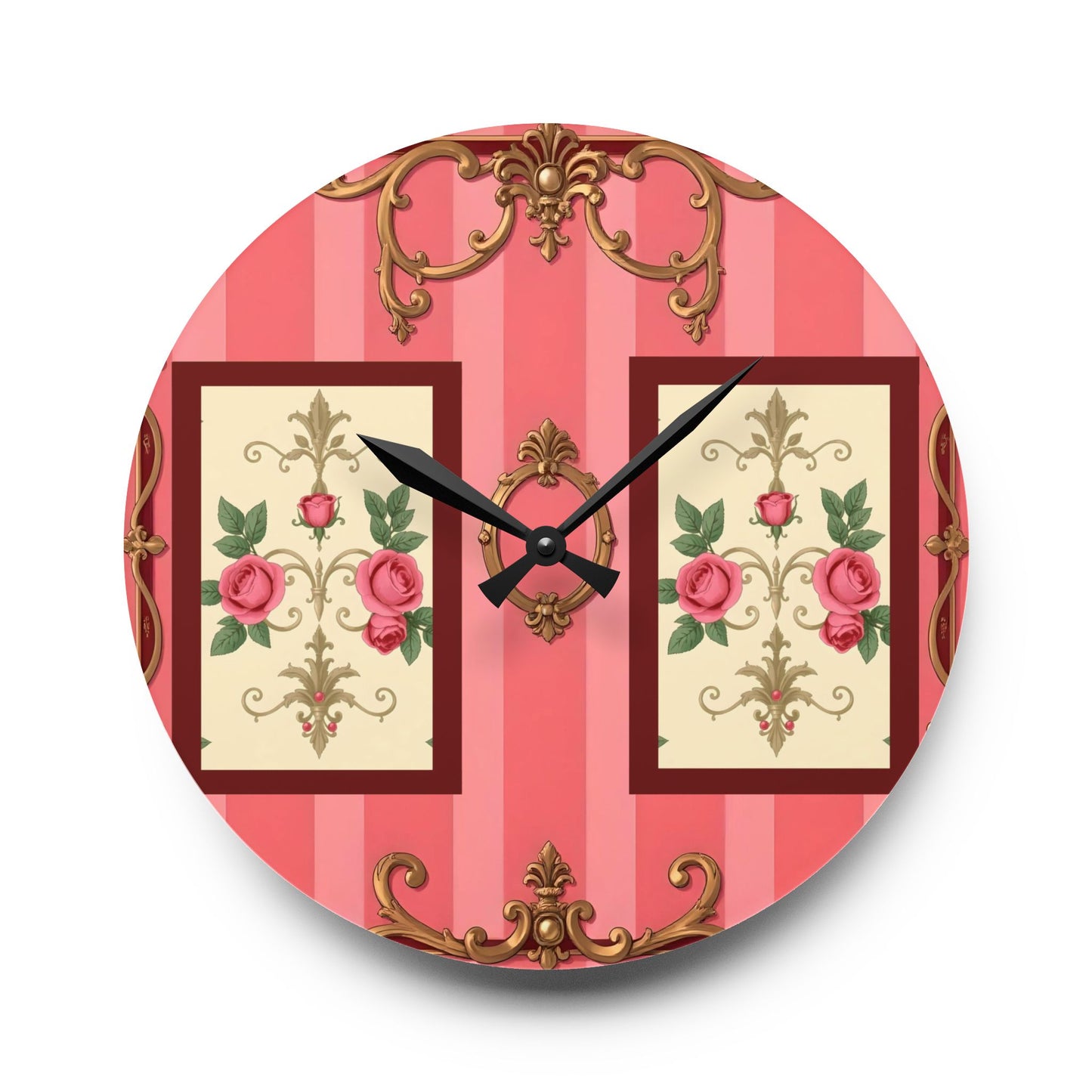 Vintage-Inspired Acrylic Wall Clock with Floral Design - Pink Striped Baroque & Roses