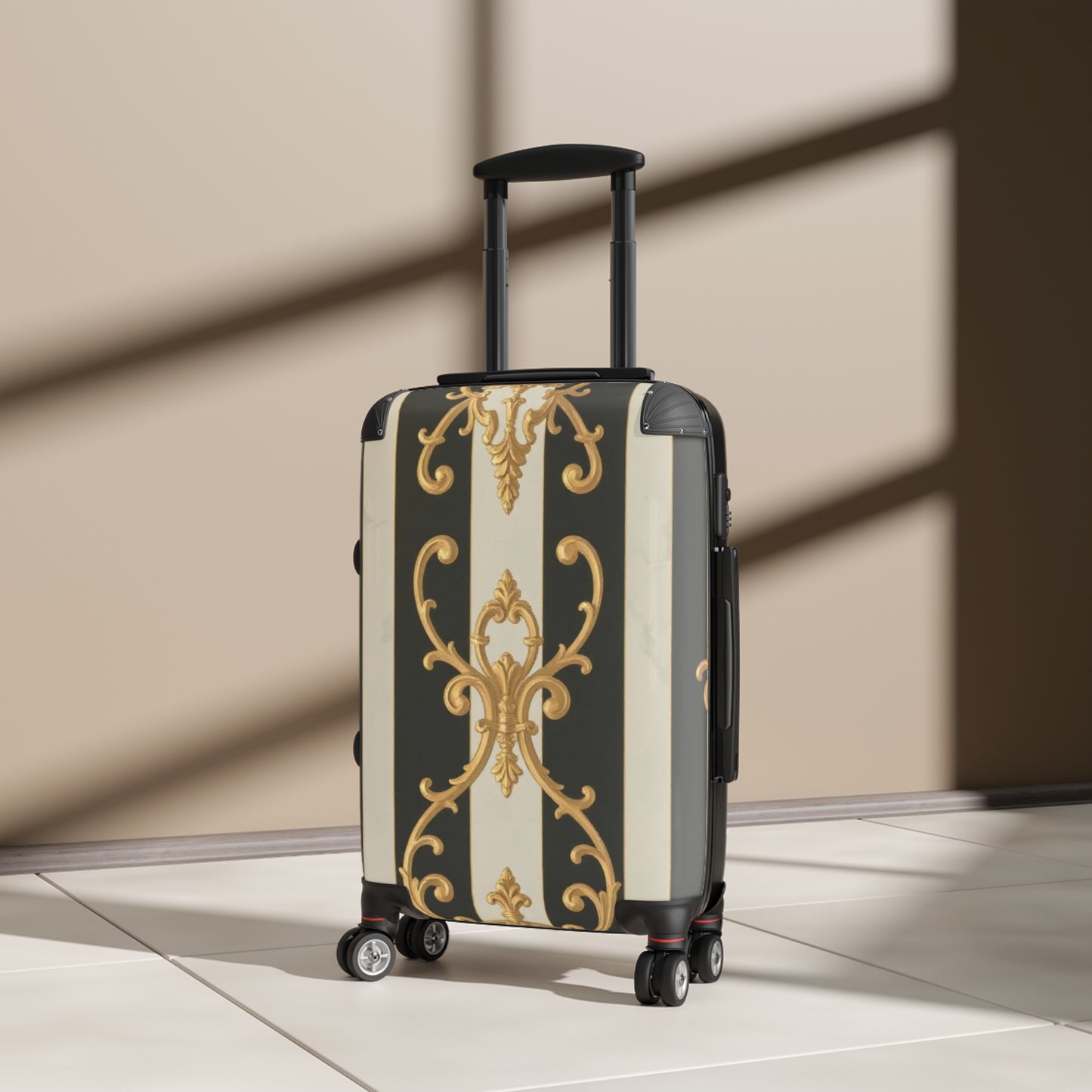 Stylish Black & Alabaster Striped Baroque Suitcase with Elegant Design, Travel Bag, Luggage, Vacation Accessories, Fashionable Carry-On