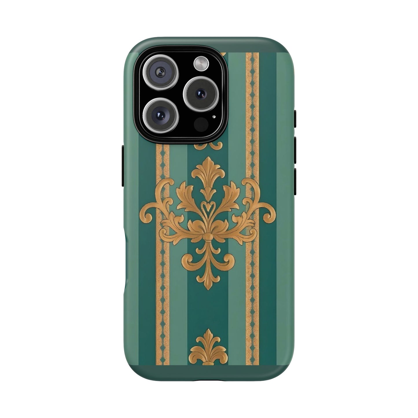 Elegant Floral Motif Phone Case - Tough Cases with Vintage Design - Teal Striped Gold Damask