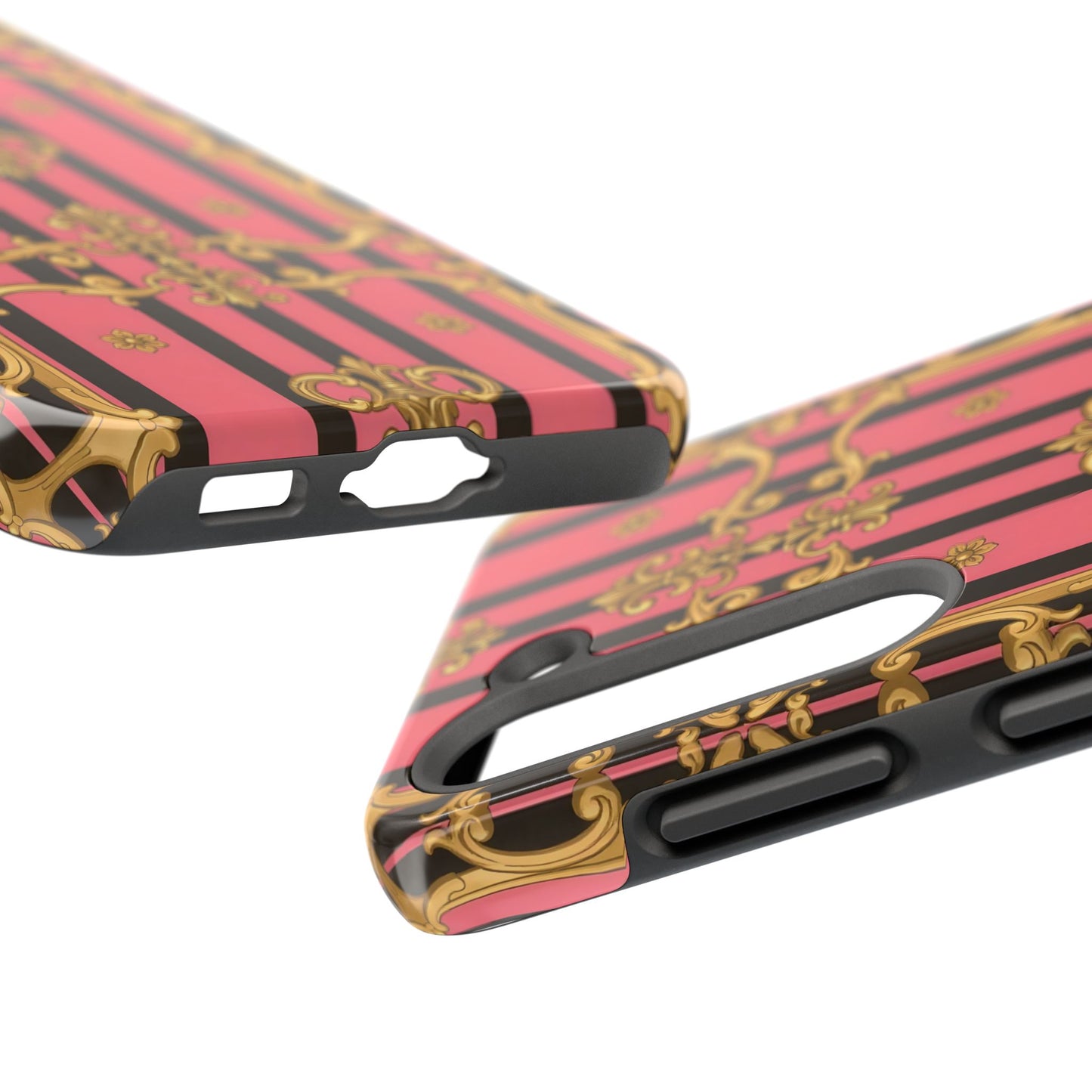 Elegant Baroque Tough Phone Cases, Stylish Protection, Gift for Her, Trendy Accessory - Pink & Black Striped Gold Baroque