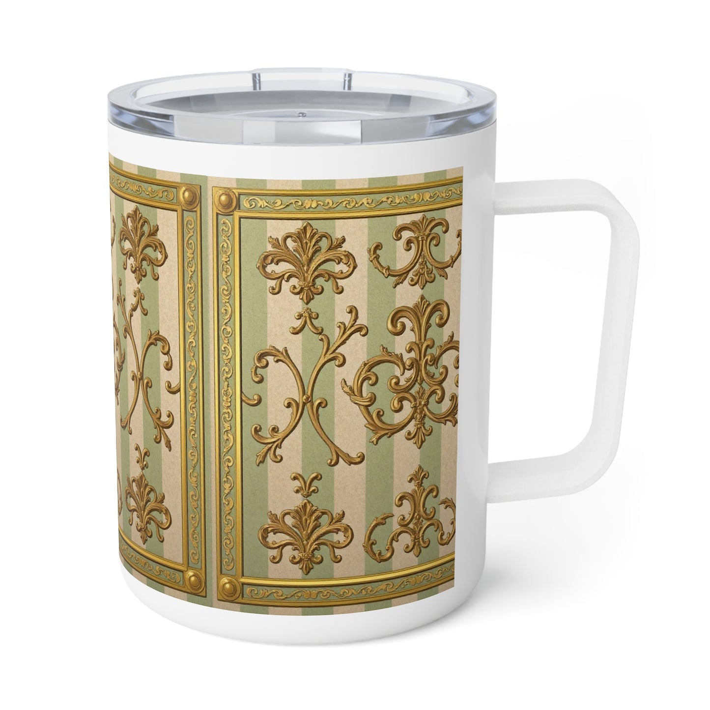 Elegant Vintage Insulated Coffee Mug - For Tea Lovers, Unique Kitchen Gift - Mint Green & Beige Striped Gold Baroque