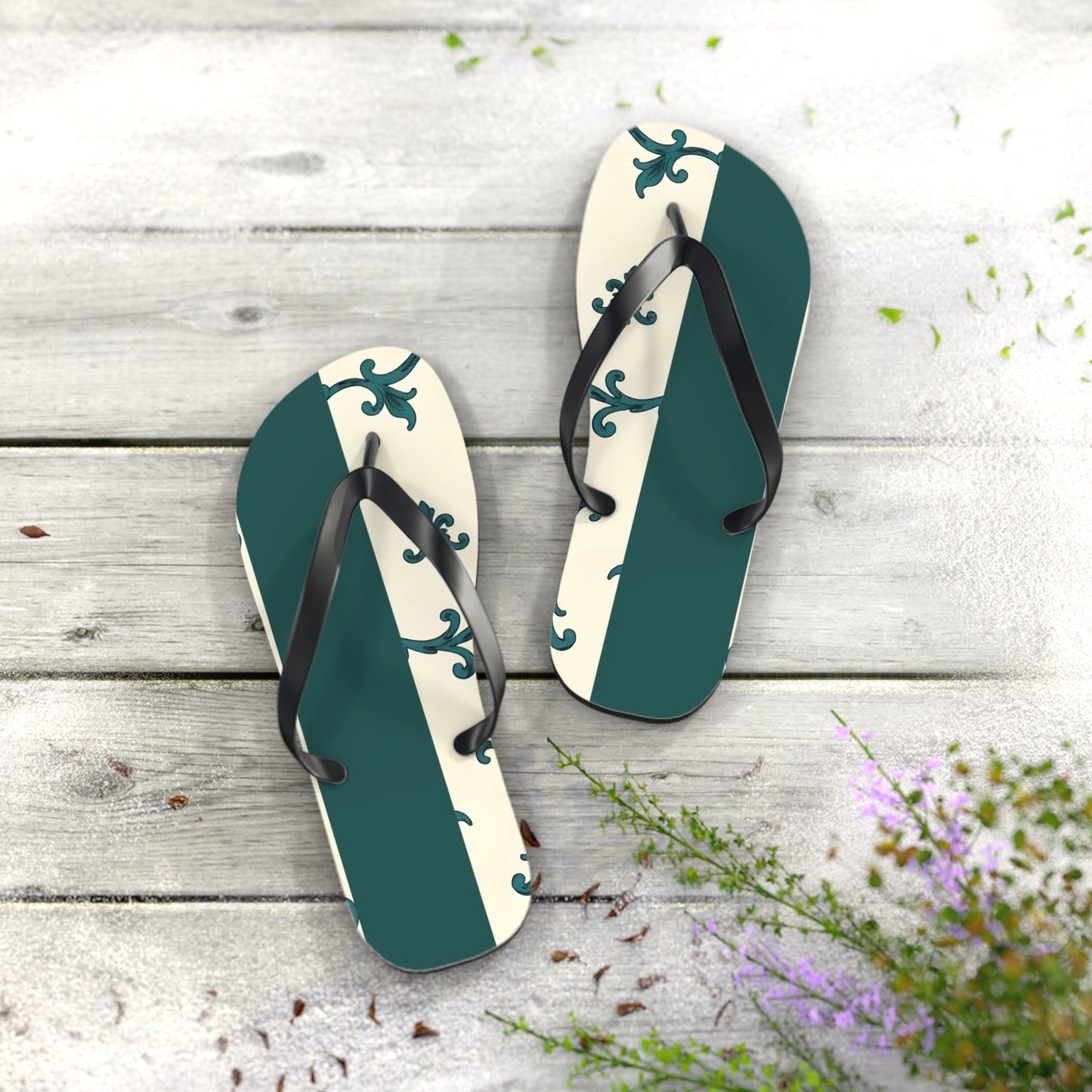 Stylish Summer Flip Flops, Trendy Beach Footwear, Casual Summer Sandals, Vacation Accessories, Eco-Friendly Summer Shoes - Teal Striped Rococo