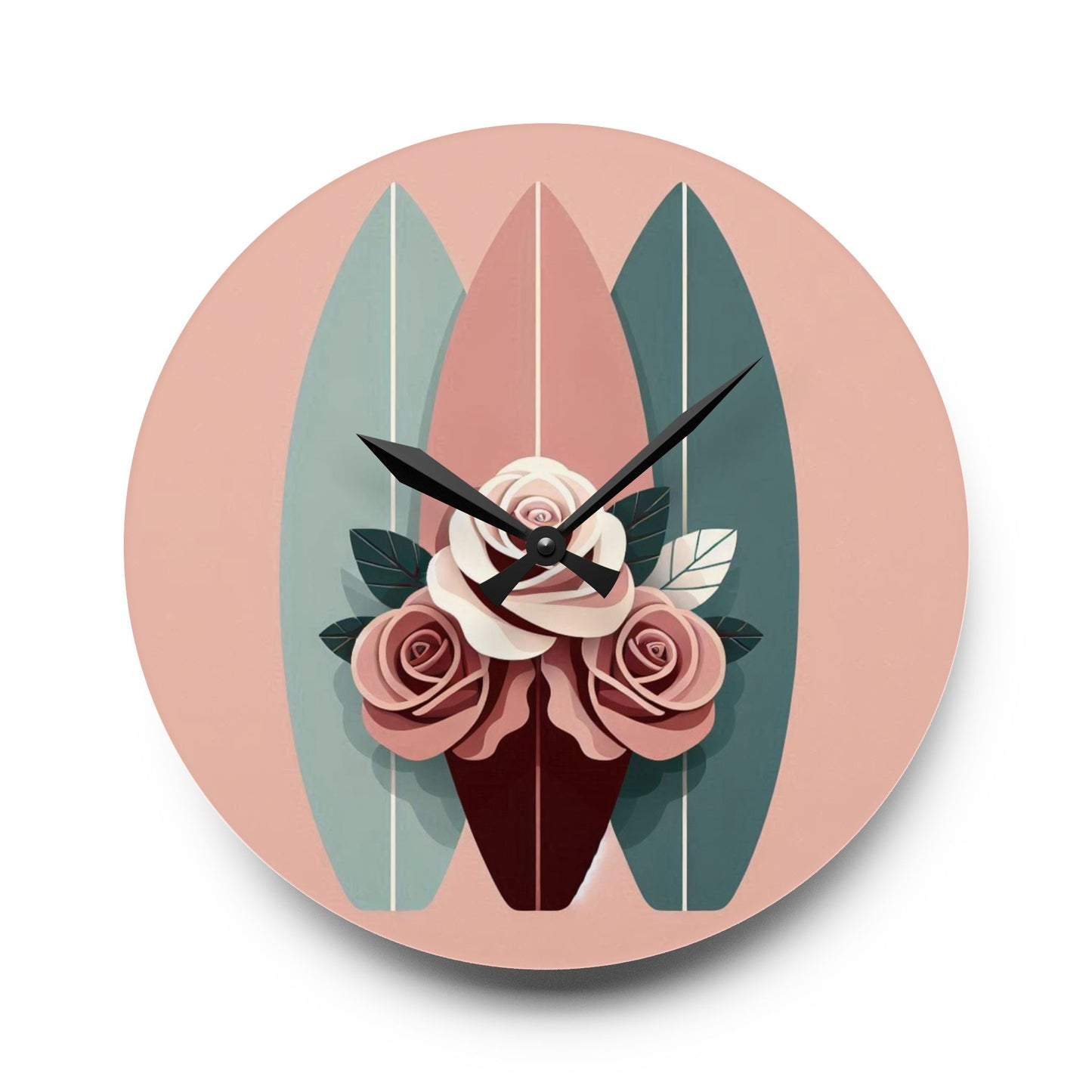 Bohemian Surf-Inspired Acrylic Wall Clock with Floral Design - Burgundy, Matte Mauve & Teal Surfboard & Roses Design