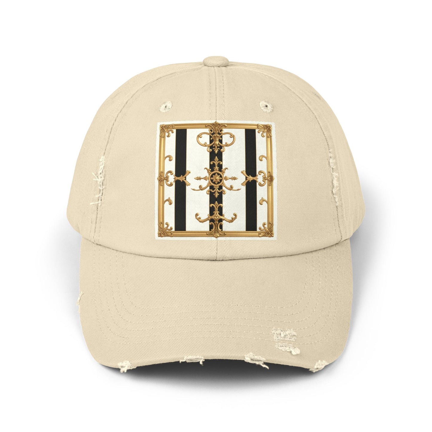 Stylish Distressed Cap with Unique Gold Design, Trendy Hat, Casual Wear, Gift for Him/Her - Black & White Striped Gold Baroque