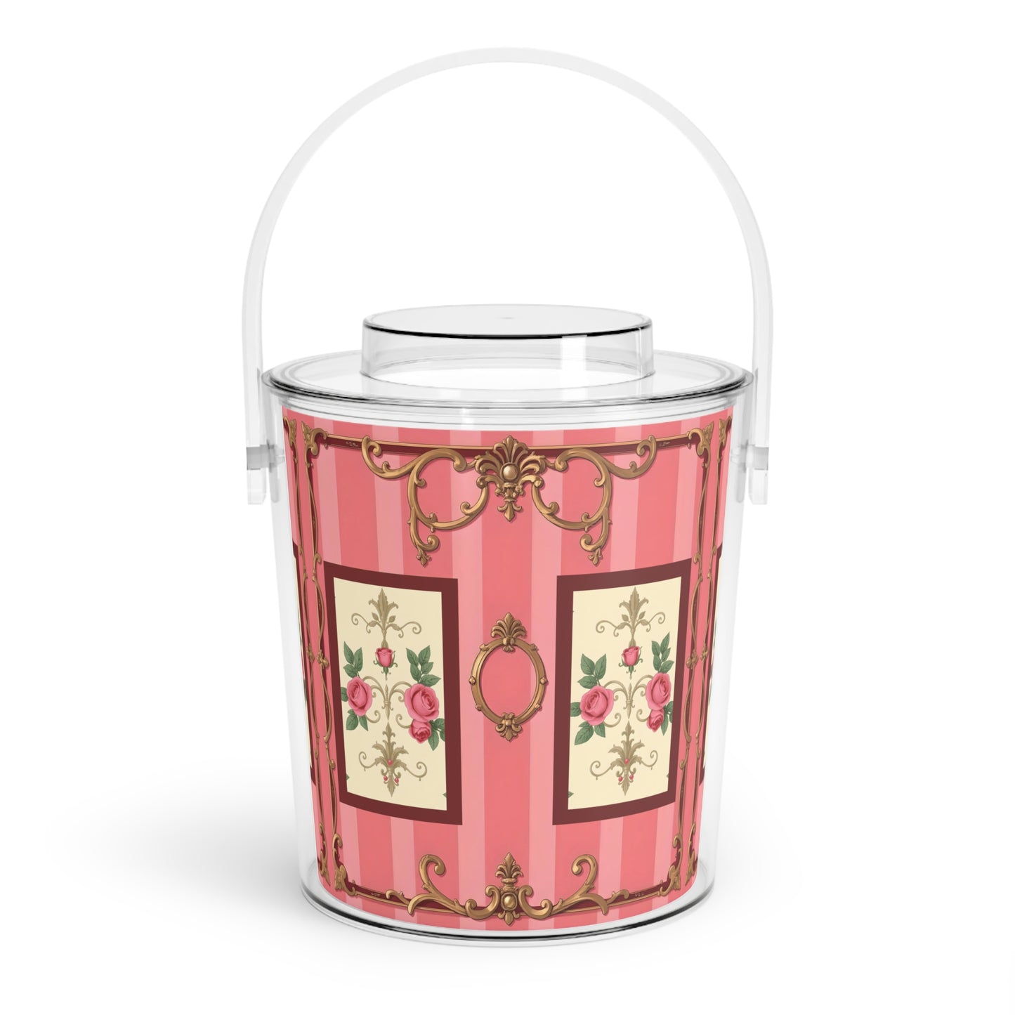 Elegant Floral Ice Bucket with Tongs for Parties and Celebrations - Pink Striped Baroque & Roses