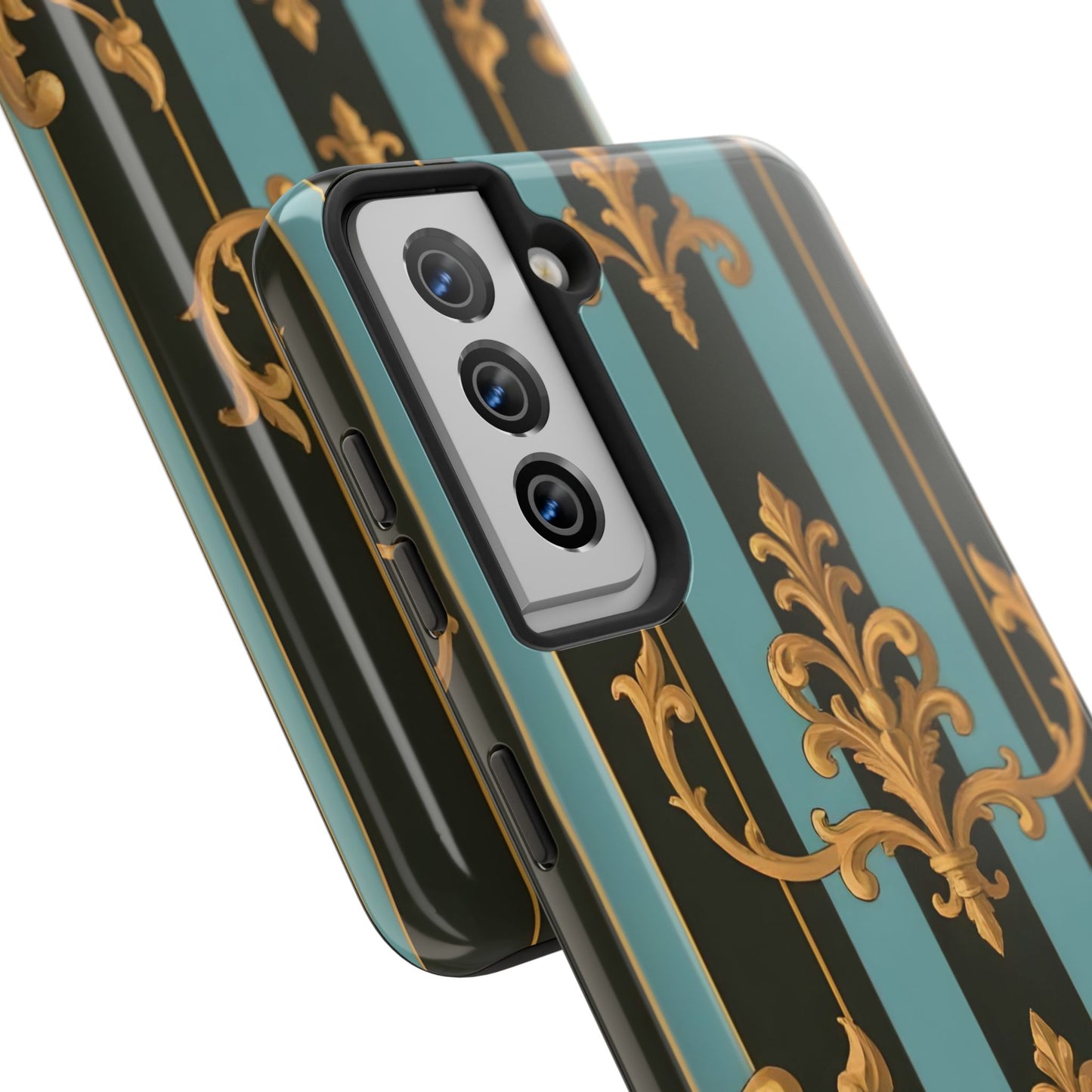 Elegant Baroque Tough Phone Case, Stylish Phone Cover, Durable iPhone Case, Unique Gift - Black & Turquoise Striped Baroque