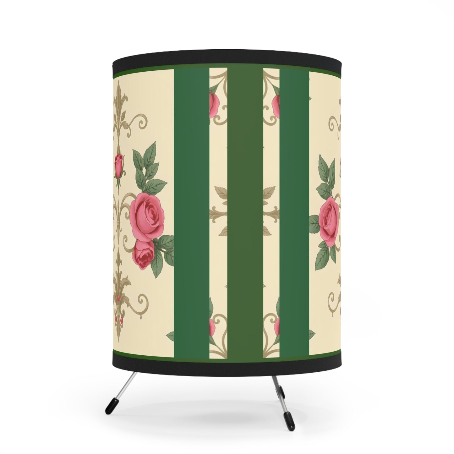 Elegant Tripod Lamp with Vintage Floral Print Shade - High-Res Home Accent - Green Border Roses & Damask