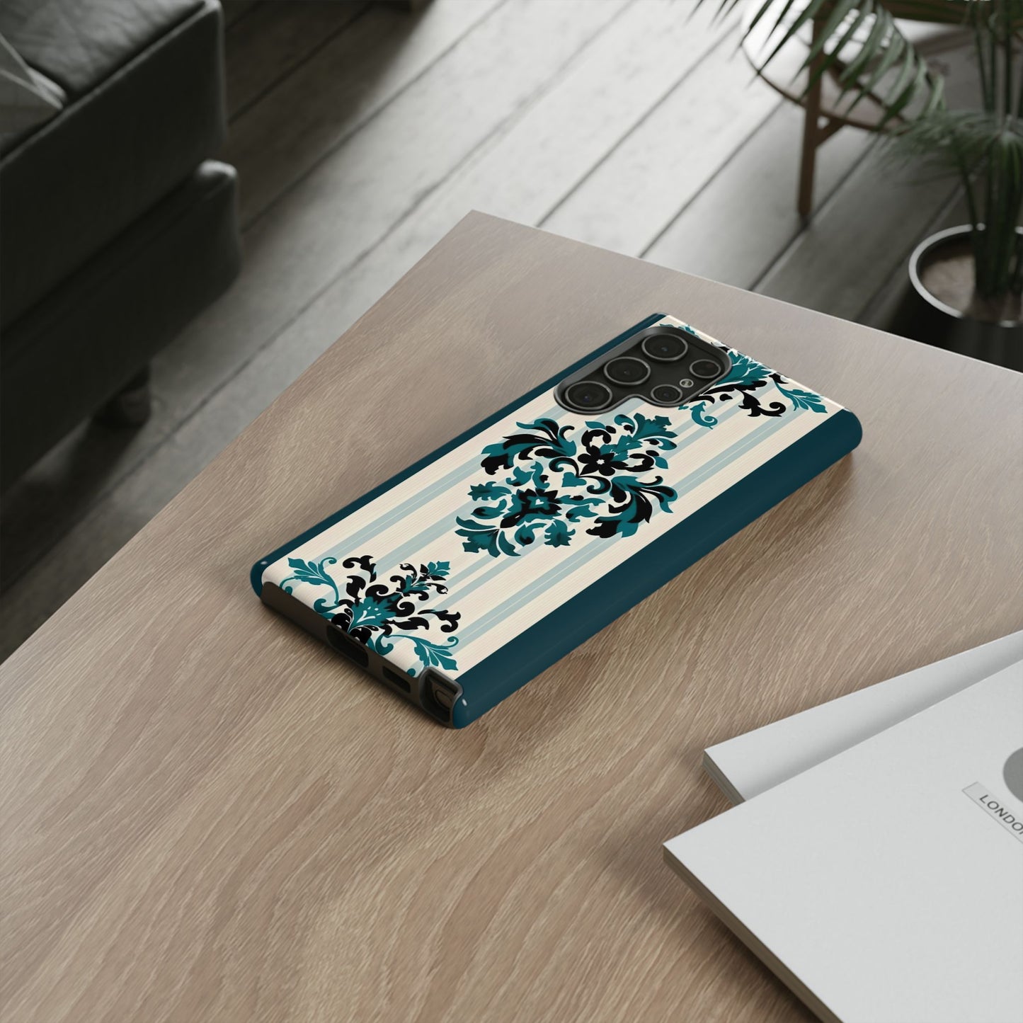 Elegant Floral Phone Case - Tough Cases with Vintage Design - Teal Striped Damask