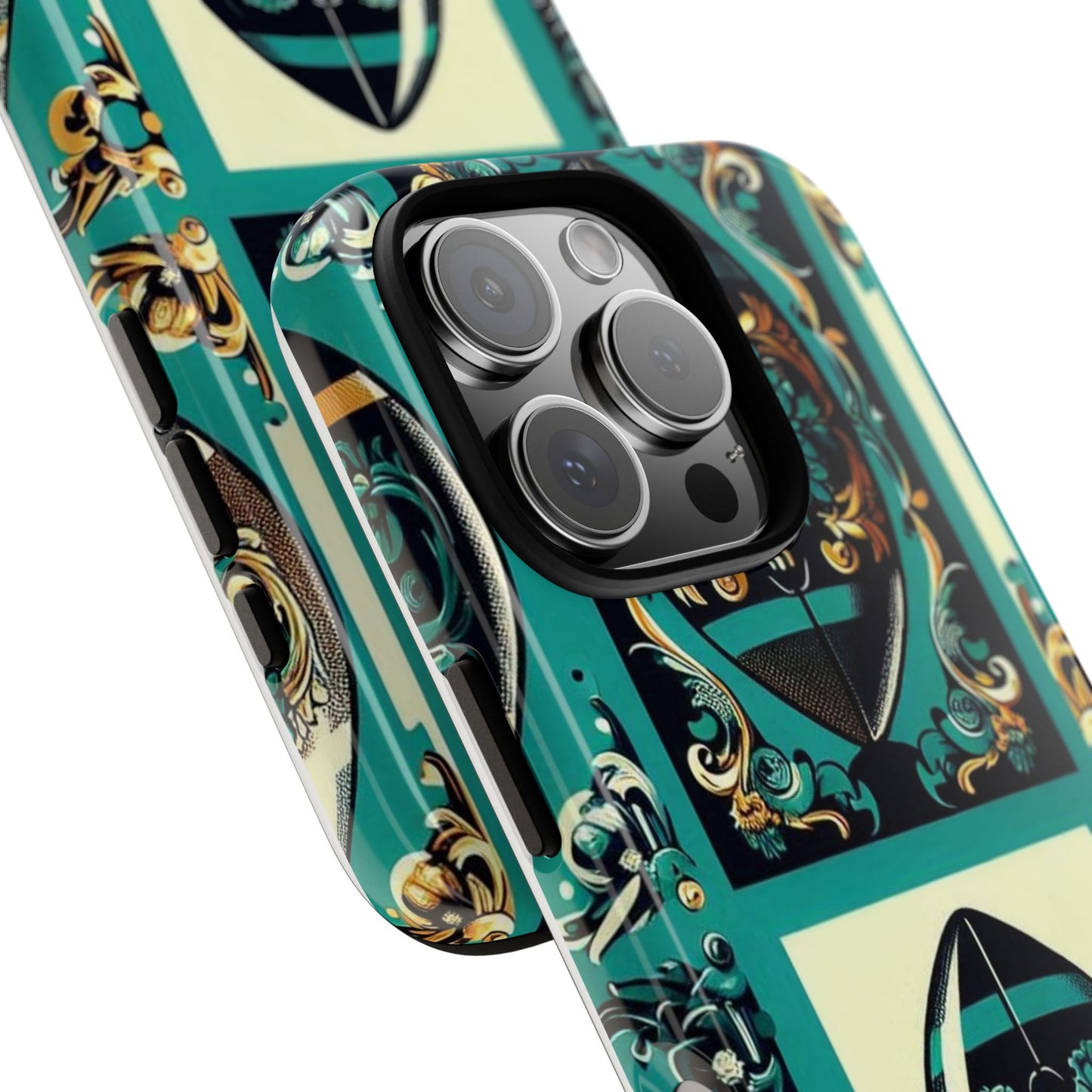 Elegant Floral Motif Phone Case - Tough Cases with Vintage Design -  Damask Teal, Gold & Black Footballs