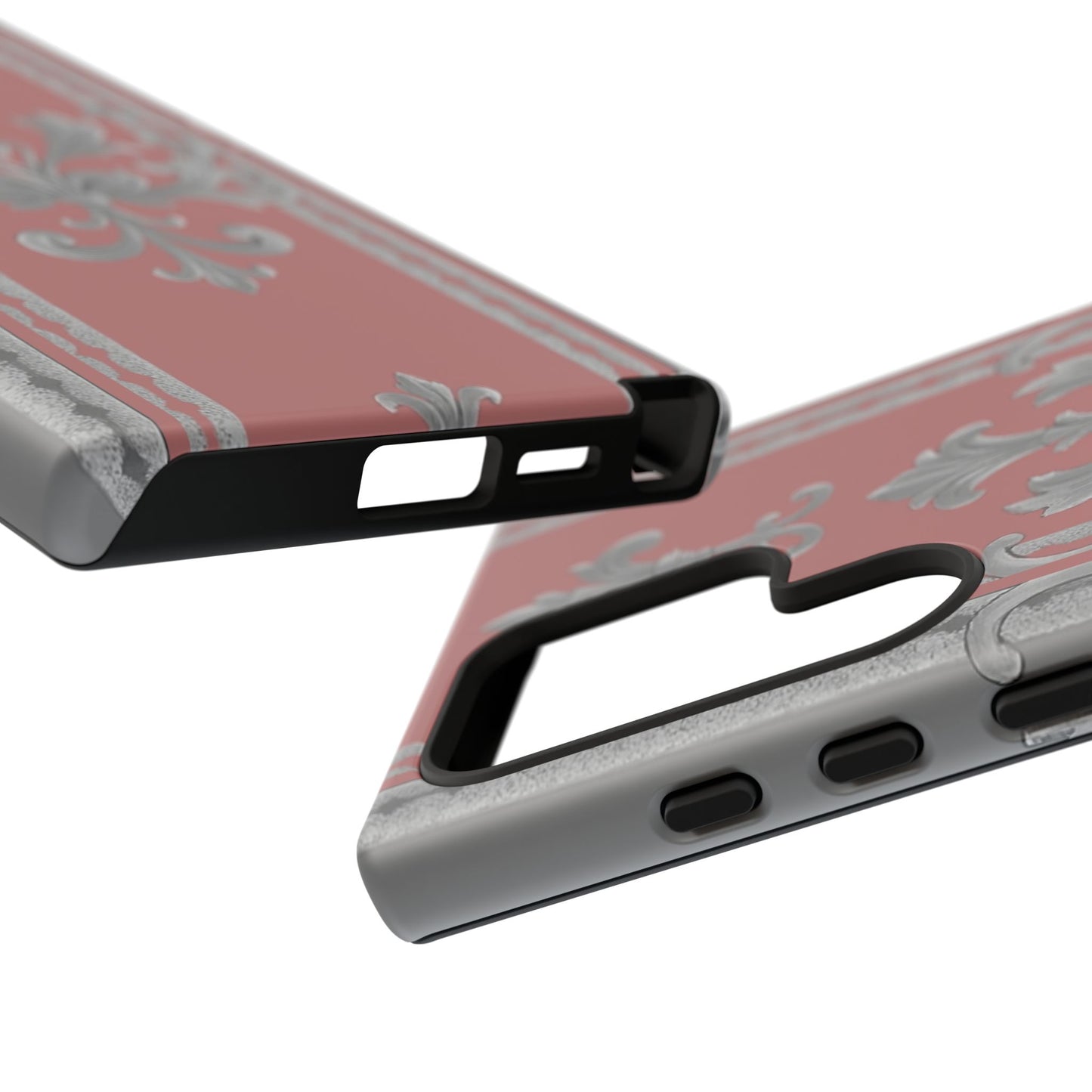 Elegant Floral Phone Case - Tough Cases for Stylish Protection - Gray & Mauve Striped Baroque