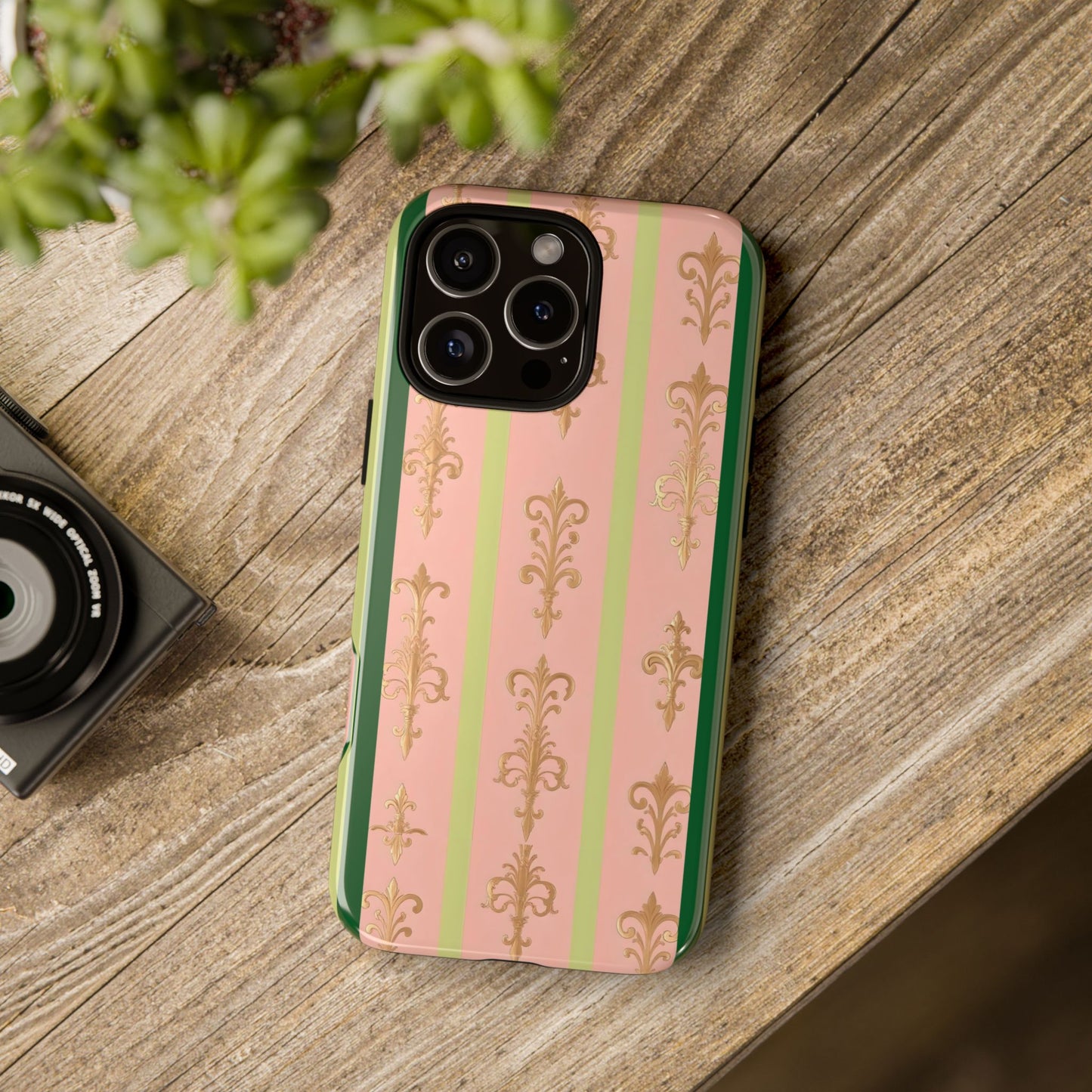 Elegant Floral Motif Phone Case - Tough Cases with Vintage Design - Lime Green & Pink Striped Damask