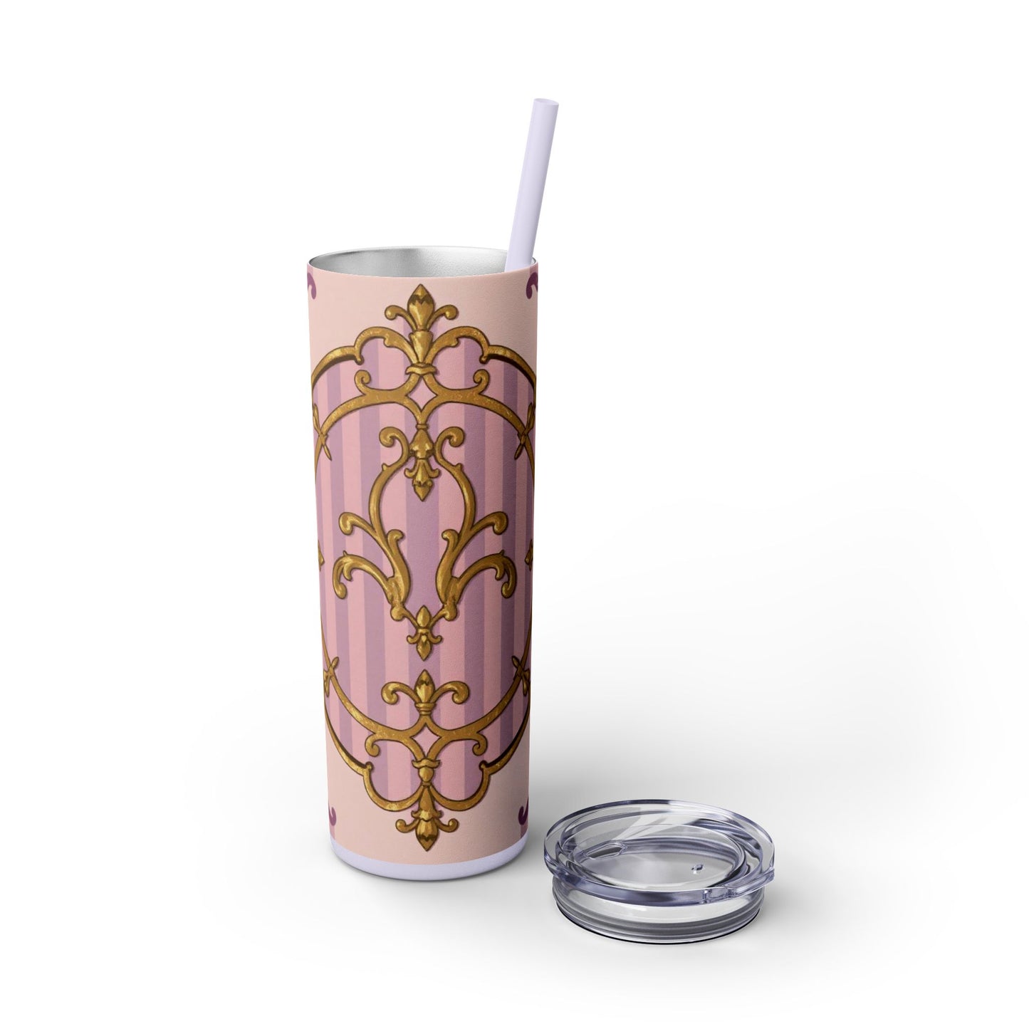 Elegant Lavender & Alabaster Striped Gold Baroque Tumbler - Insulated 20oz Skinny Cup with Straw, Ideal for Gifts, Parties, and Daily Use