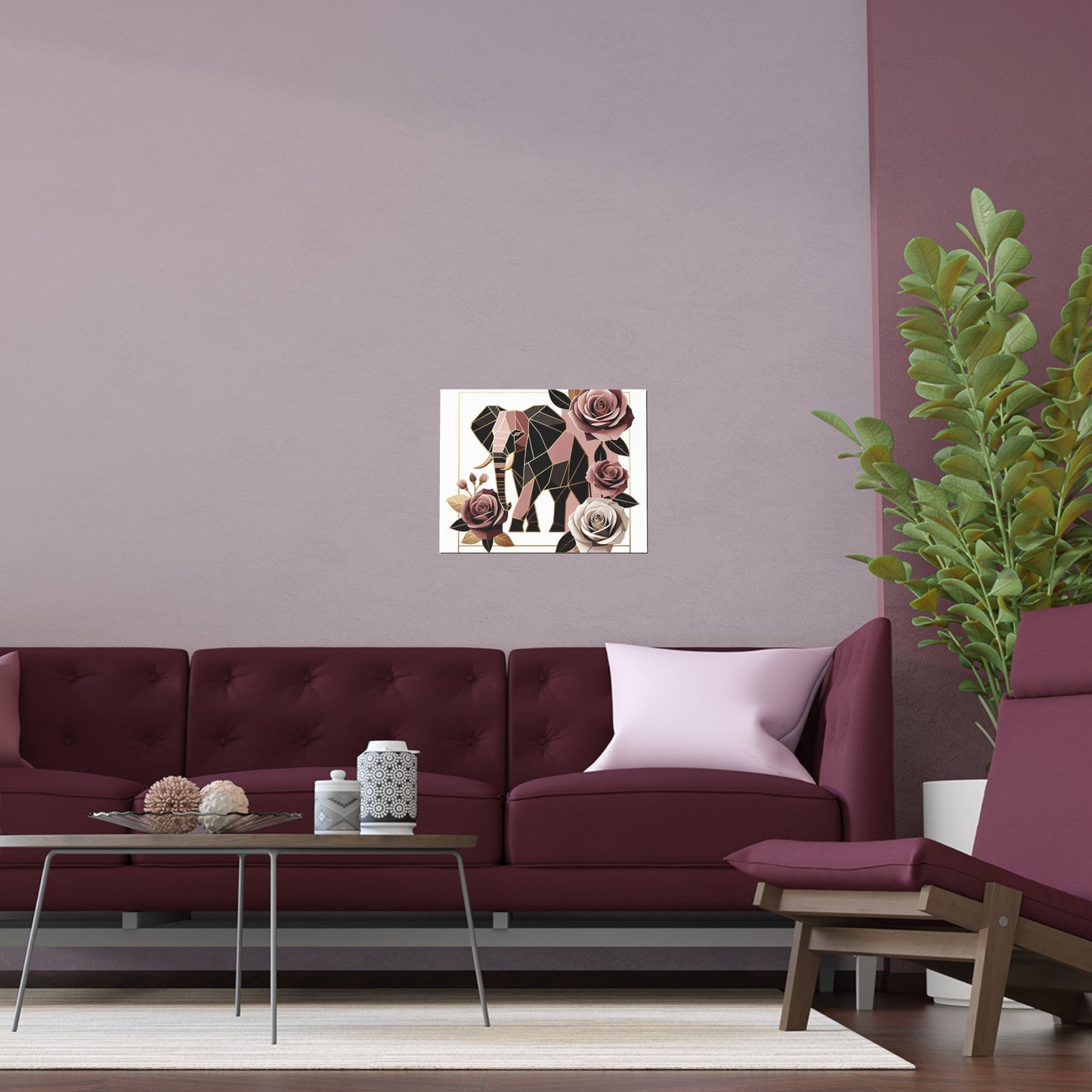 Elegant Floral Silk Poster - Indoor/Outdoor Wall Art for Home Decor - Brown & Mauve Elephant & Roses