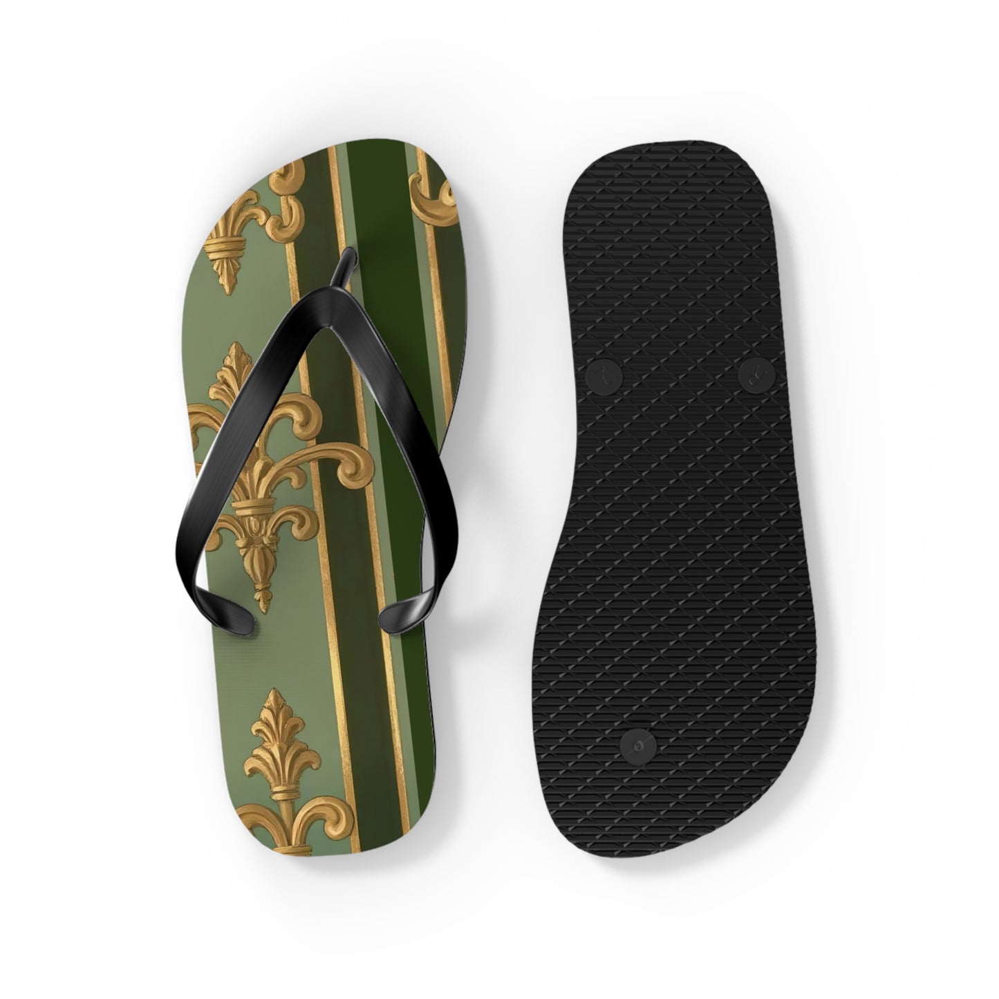 Elegant Vintage Flip Flops for Summer, Casual Sandals, Beachwear, Vacation Footwear, Summer Parties - Green Striped Gold Baroque