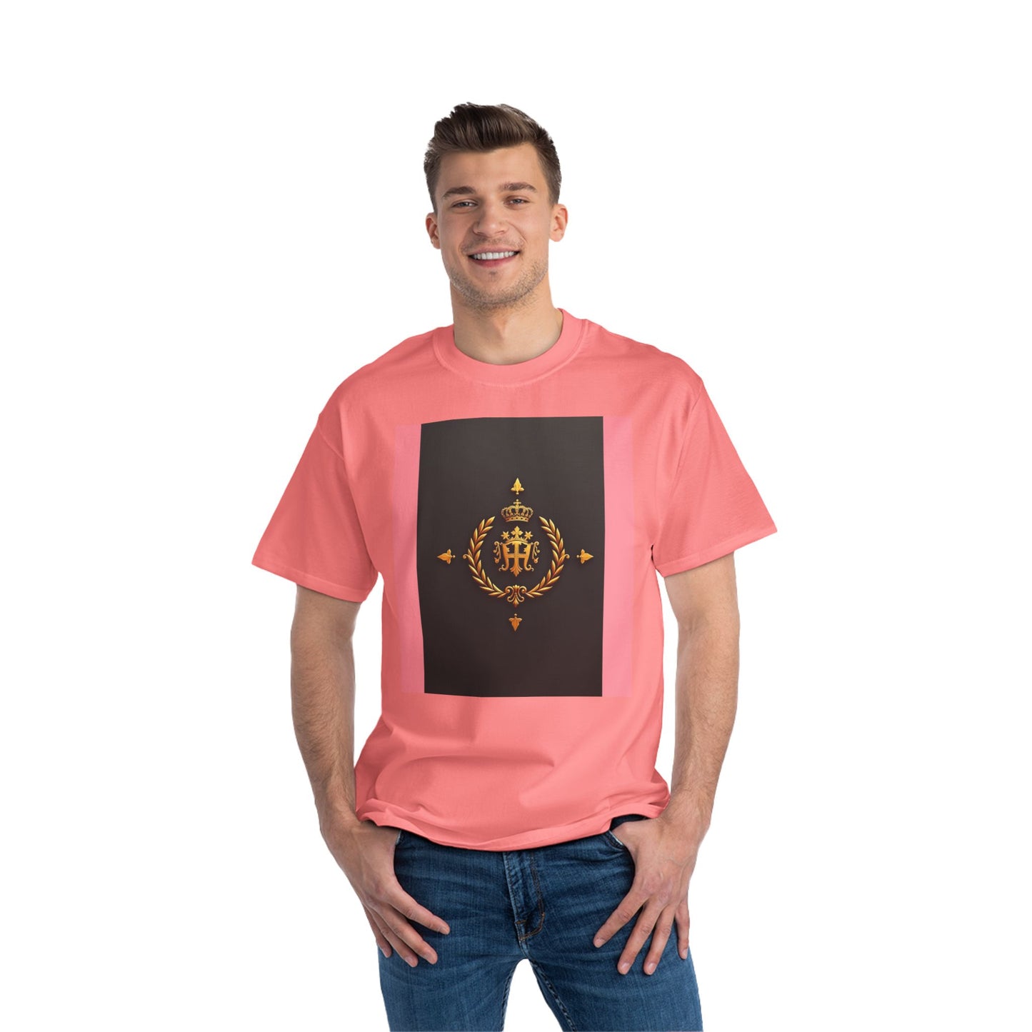 Short-Sleeve Graphic T-Shirt, Stylish Casual Wear, Trendy Gift for Friends, Summer Fashion, Statement Tee, Everyday Comfort - Pink Striped Gold Crest