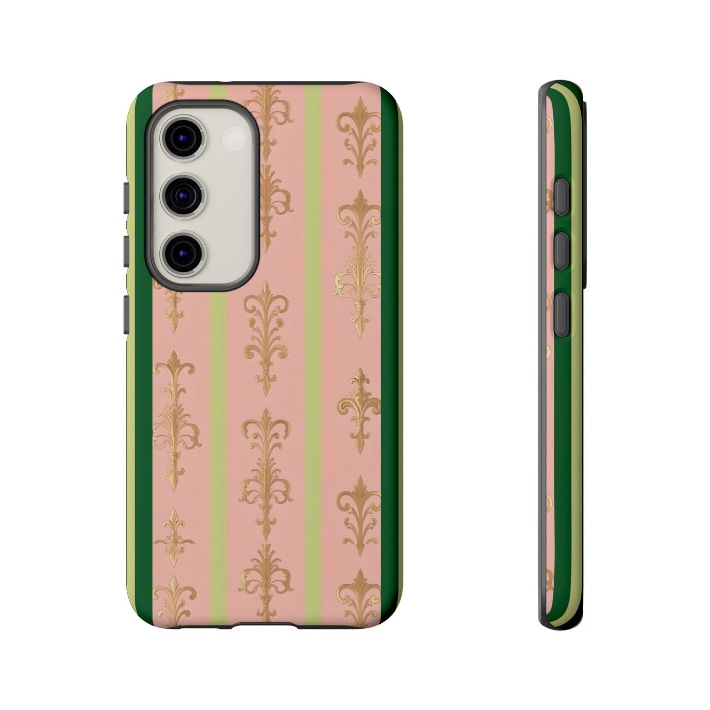 Elegant Floral Motif Phone Case - Tough Cases with Vintage Design - Lime Green & Pink Striped Damask