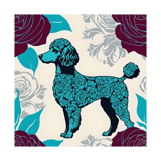 Vertical Poster - Elegant Matte Floral Art Wall Decor - Rose Inspired Turquoise Poodle With Burgundy Roses