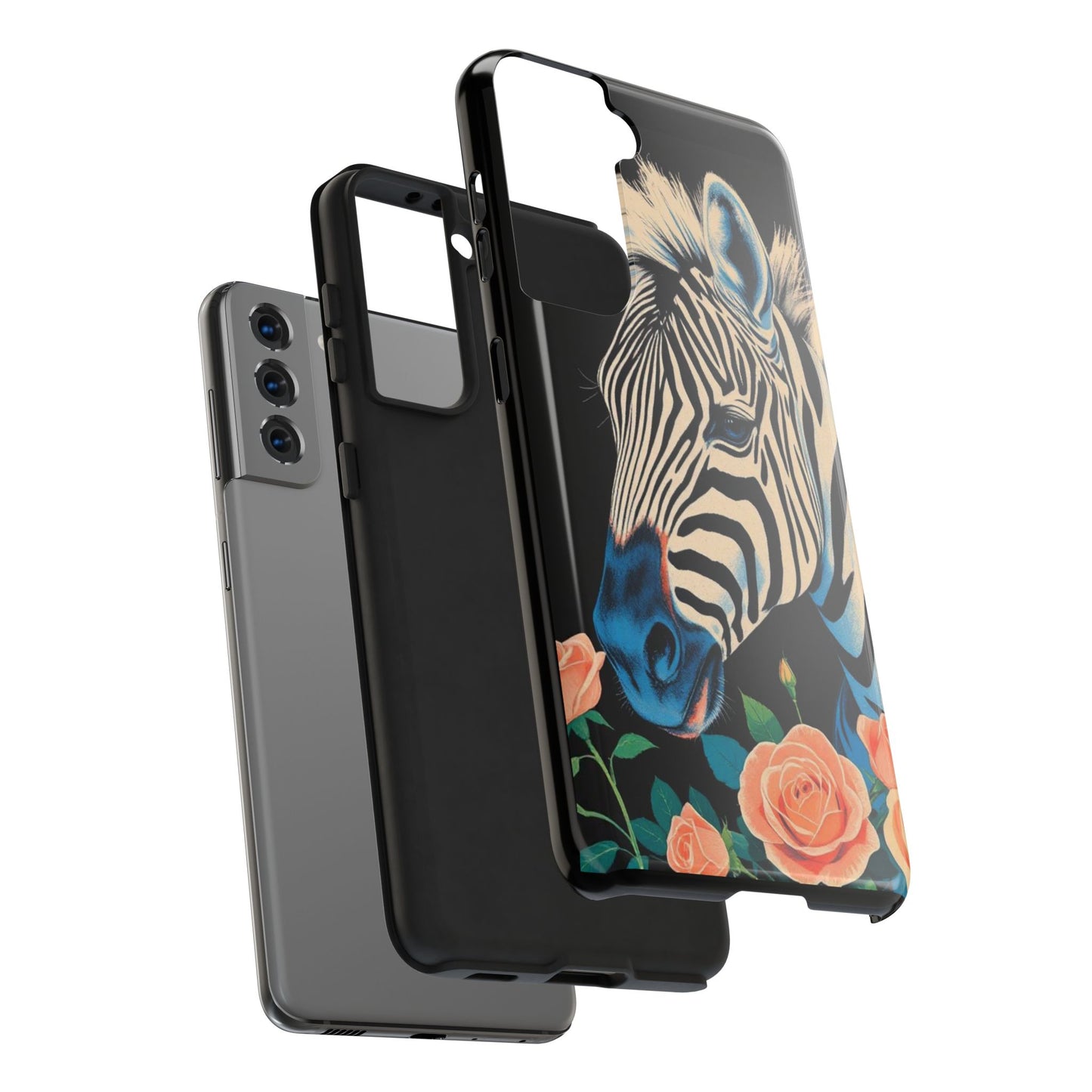 Zebra Tough Phone Case - Trendy Floral Design for Animal Lovers - Blue Zebra & Roses