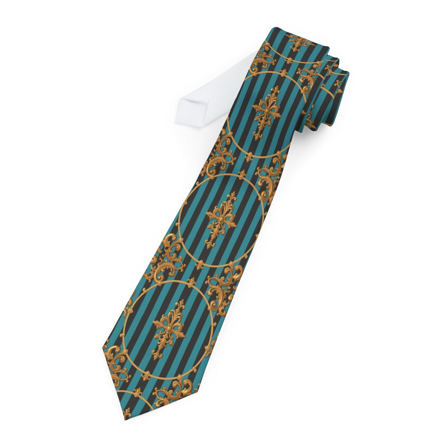 Stylish Turquoise & Black Striped Gold Baroque Necktie with Elegant Pattern, Unique Gift for Men, Formal Wear Accessory, Wedding Tie, Business Attire