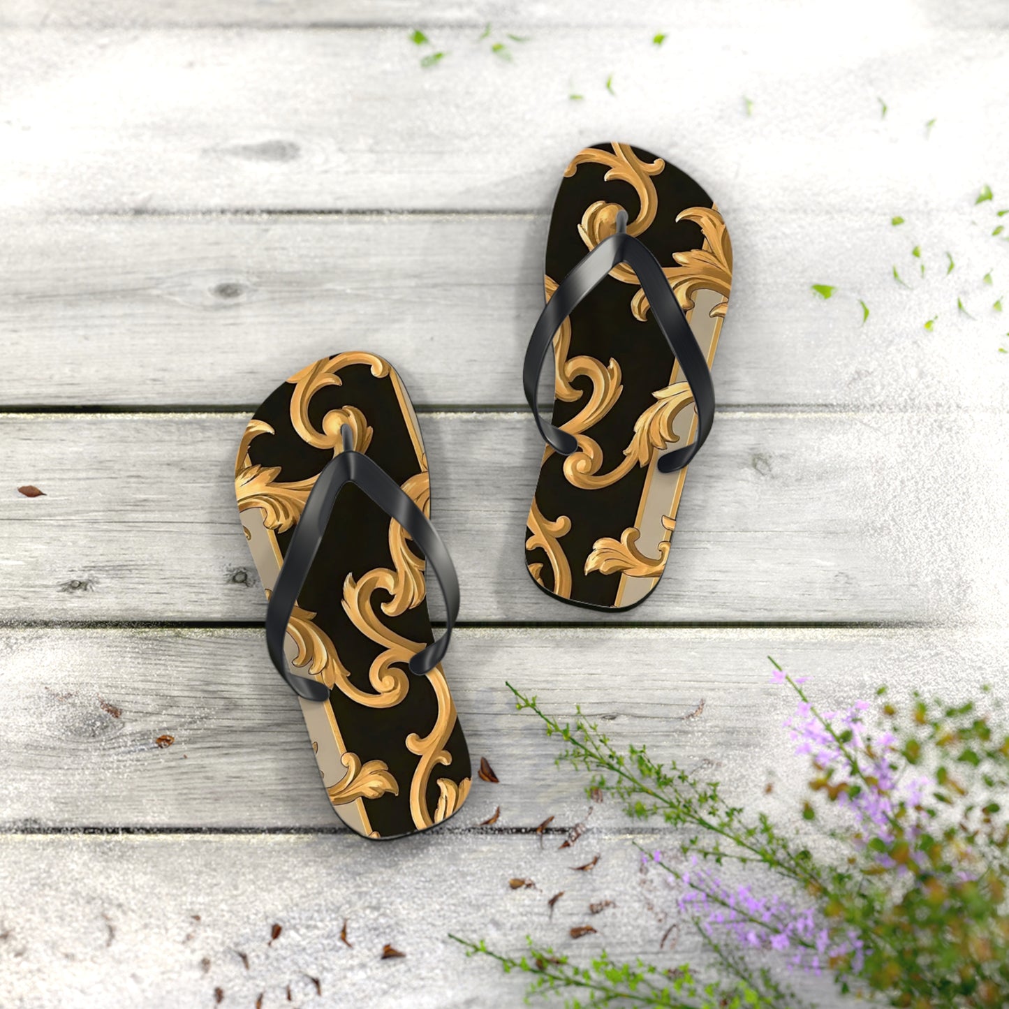 Stylish Flip Flops with Elegant Gold Design, Beachwear, Summer Sandals, Vacation Footwear, Poolside Essentials - Blue & Black Striped Rococo