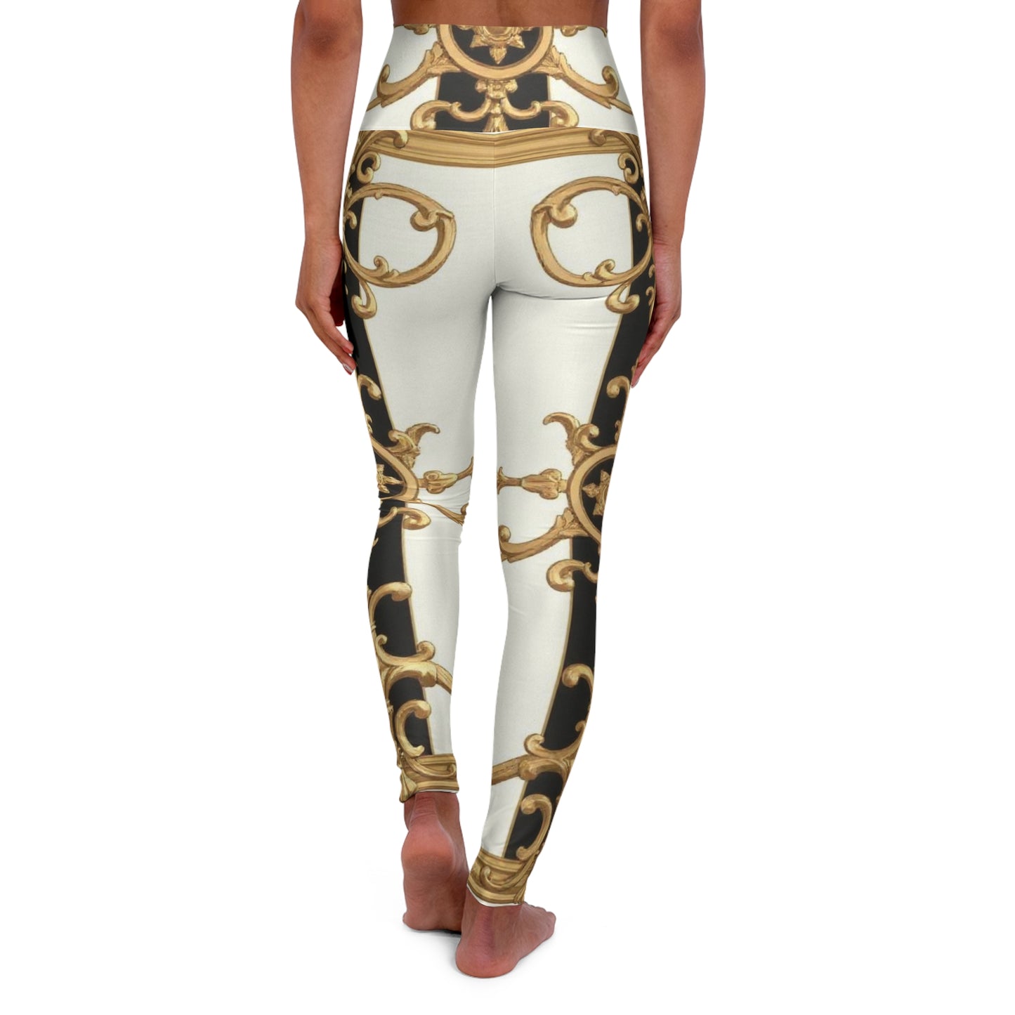 Elegant High Waisted Yoga Leggings - Stylish Activewear for Fitness, Dancing, and Casual Outings - Black & White Striped Gold Baroque