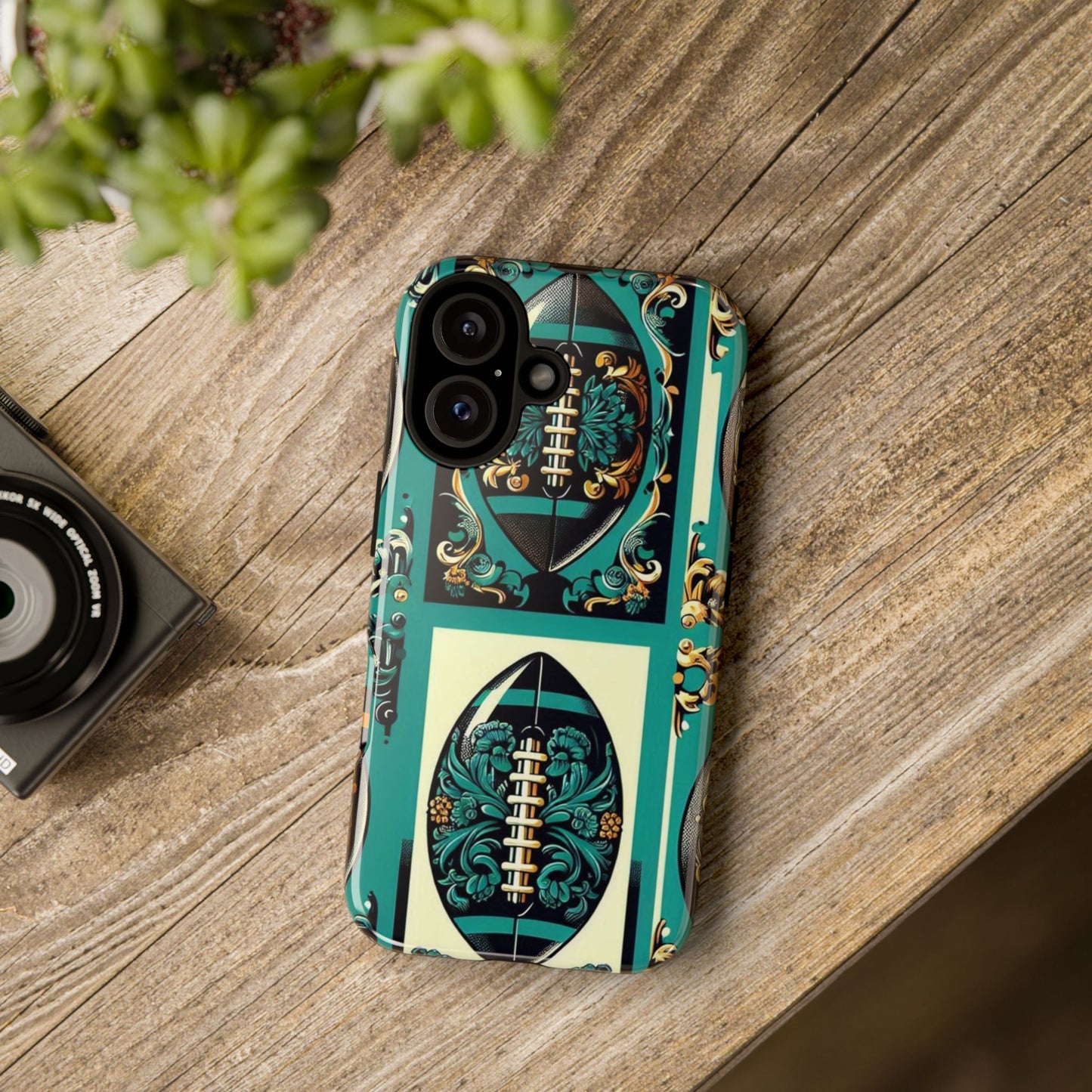 Elegant Floral Motif Phone Case - Tough Cases with Vintage Design -  Damask Teal, Gold & Black Footballs