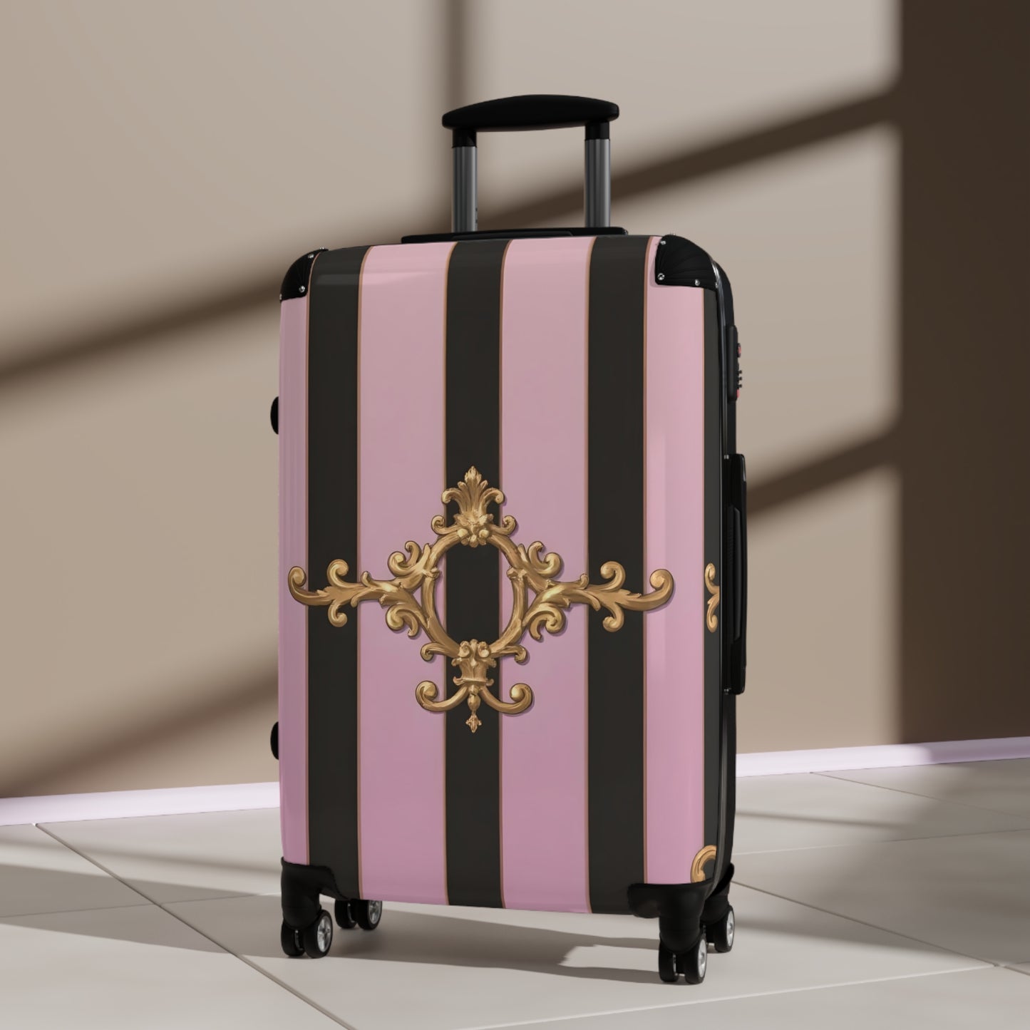Chic Travel Suitcase with Stripes and Elegant Design, Stylish Luggage, Travel Gear - Matte Lavender & Black Striped Gold Baroque