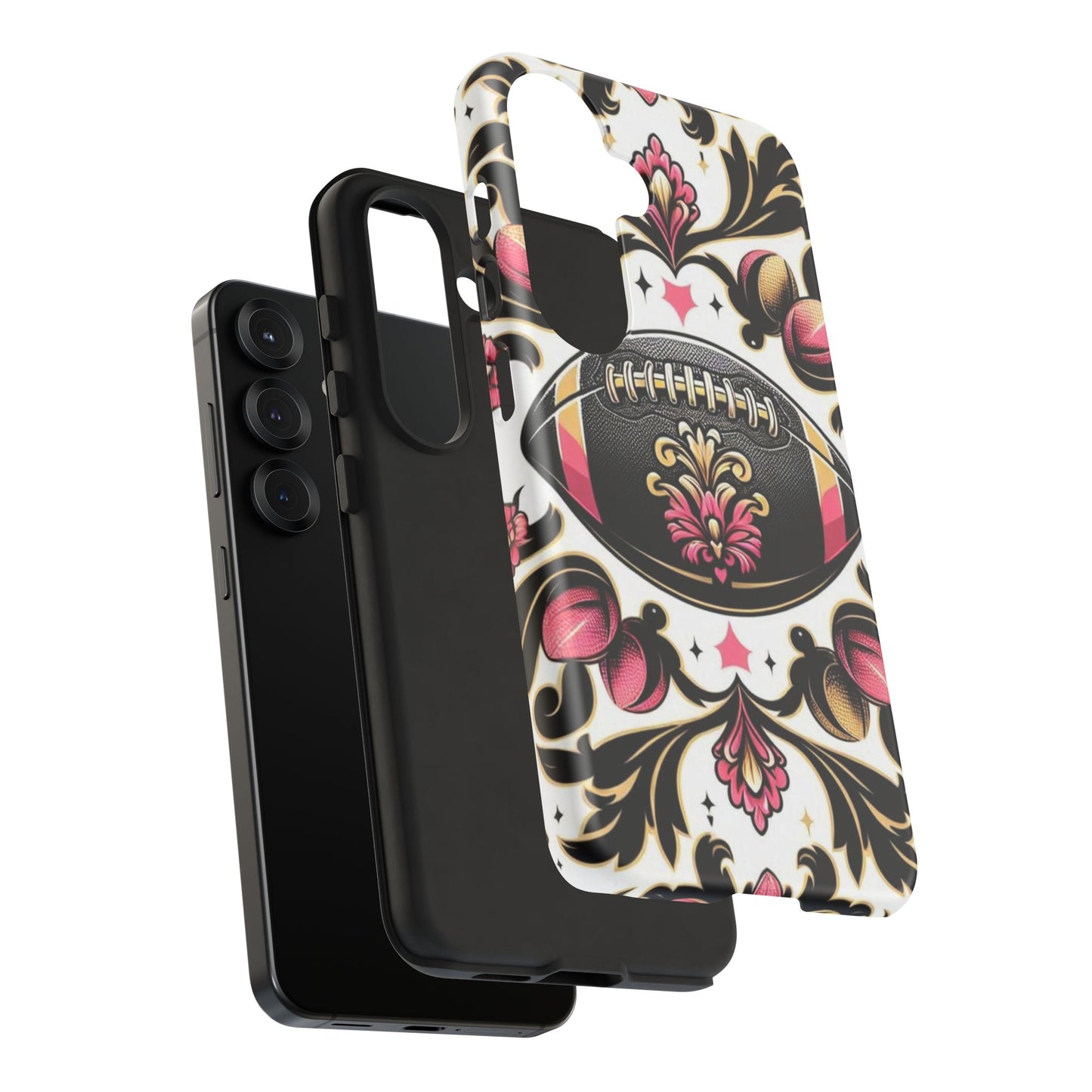 Elegant Floral Motif Phone Case - Tough Cases with Vintage Design - Damask White, Pink Gold & Black Football