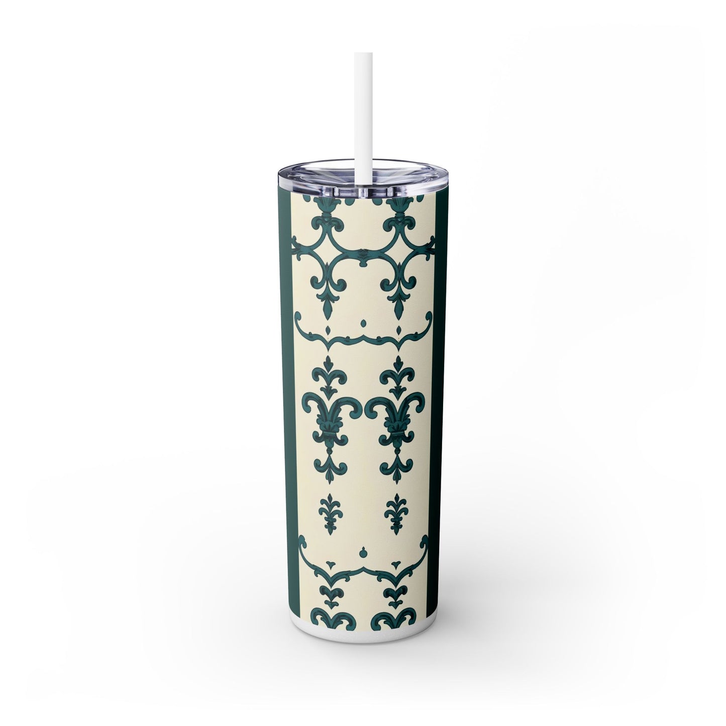 Elegant Floral Skinny Tumbler, 20oz - Stylish Travel Mug for Home, Coffee Lover Gift, Eco-Friendly Drinkware, Party Favor - Teal Striped Rococo