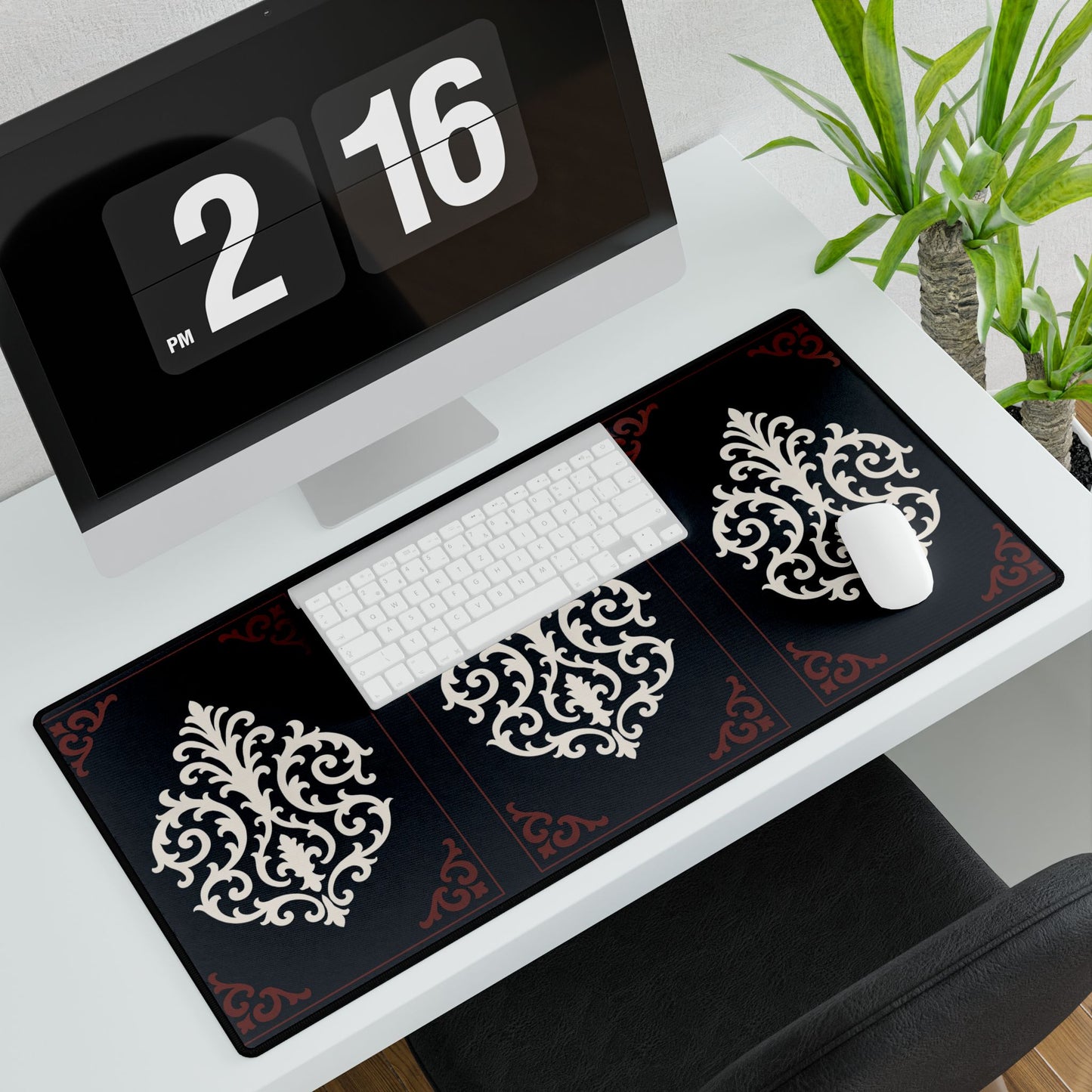 Dusk Blue-Maroon & White Baroque Desk Mat — Elegant Dusk Blue & White Mouse Pad