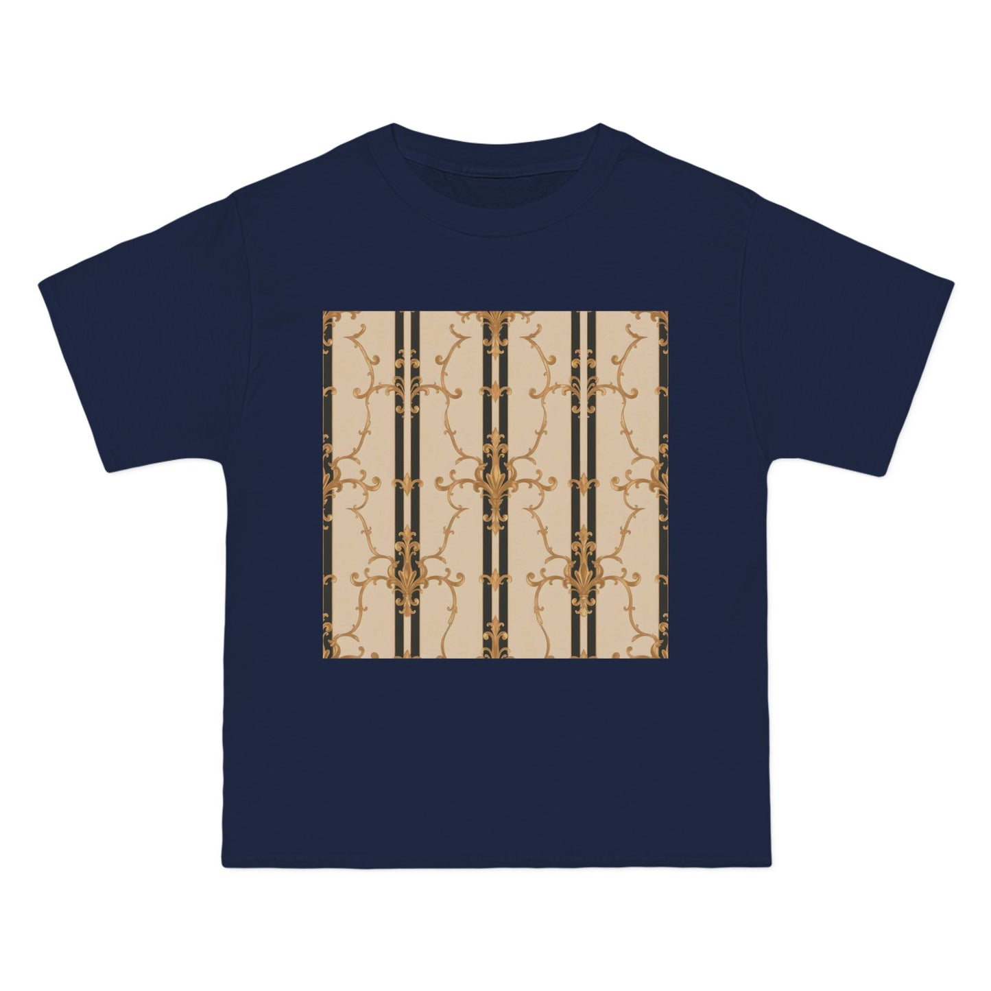 Stylish Graphic Tee for Casual Wear, Fashionable Short-Sleeve Shirt, Unique Summer Top - Black & Beige Striped Damask