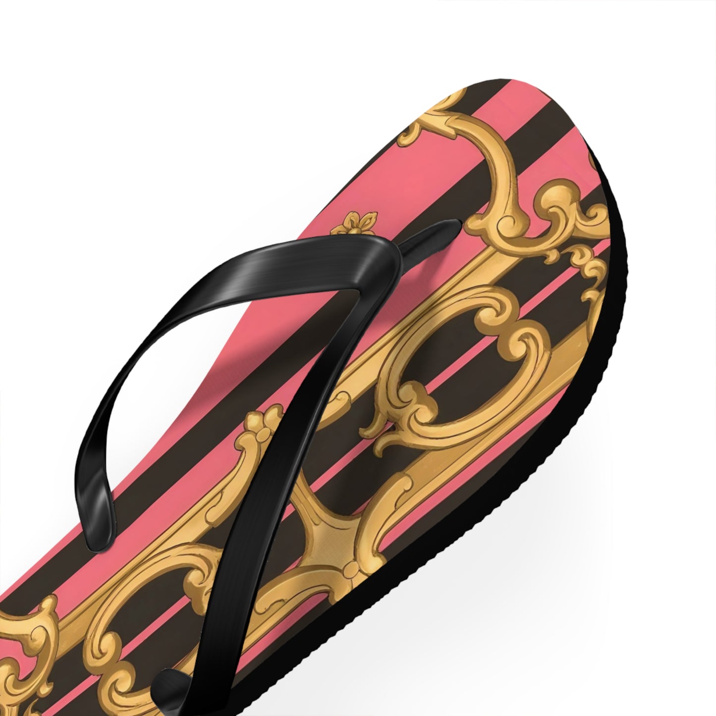 Chic Patterned Flip Flops - Stylish Summer Sandals, Beach Footwear, Pool Slides, Vacation Essentials, Gift for Her - Pink & Black Striped Gold Baroque