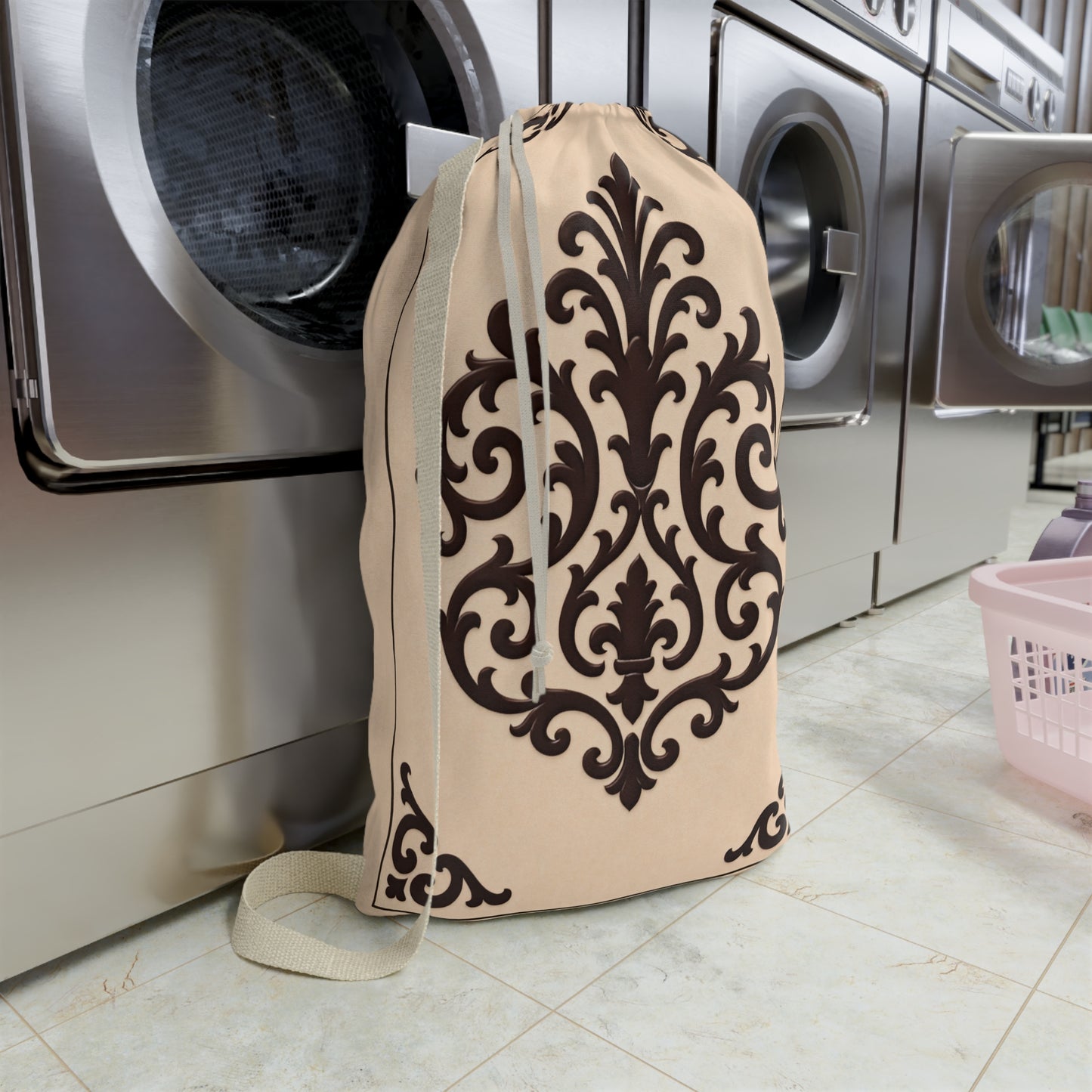 Almond-Beige & Brown Baroque Laundry Bag — Cotton Hamper Tote with Drawstring