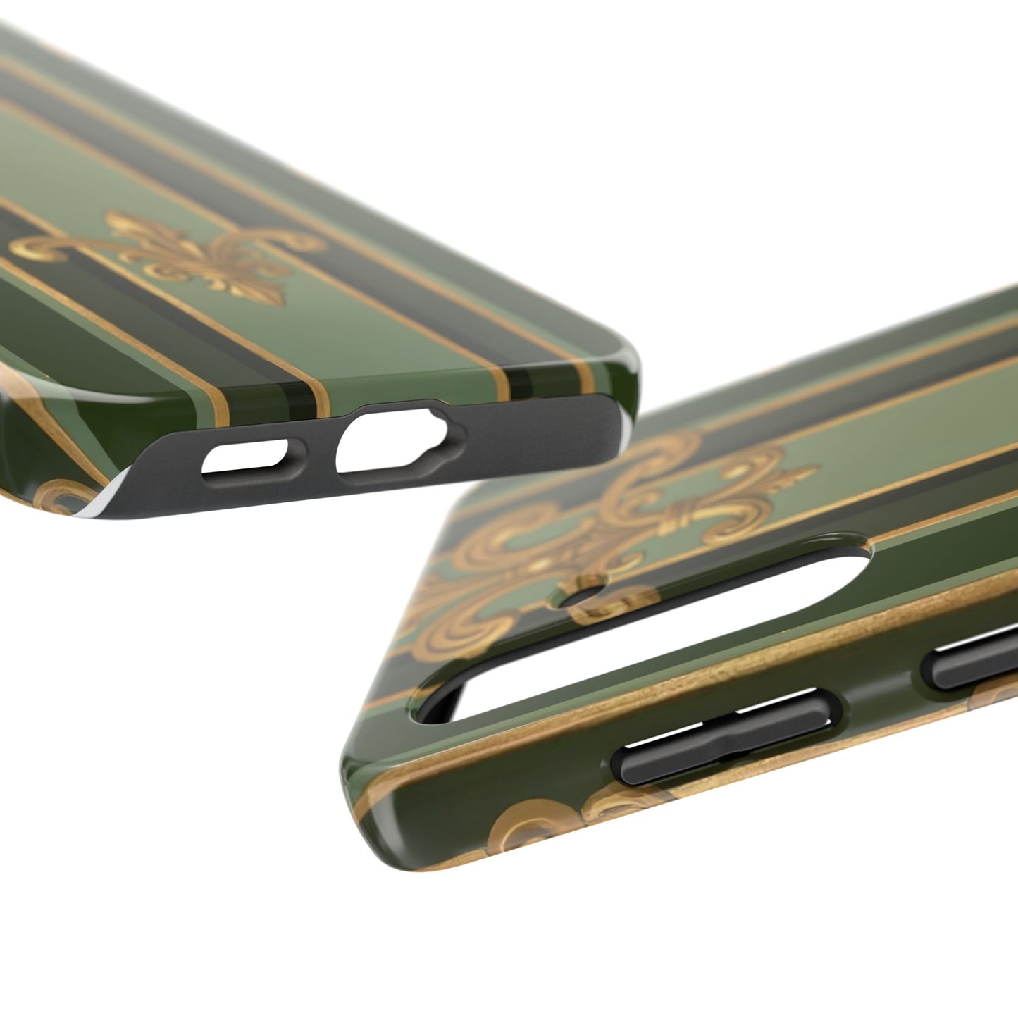 Elegant Tough Phone Cases - Baroque Design, Durable Cell Phone Covers, Unique Gifts for Her, Holiday Gifts - Green Striped Gold Baroque
