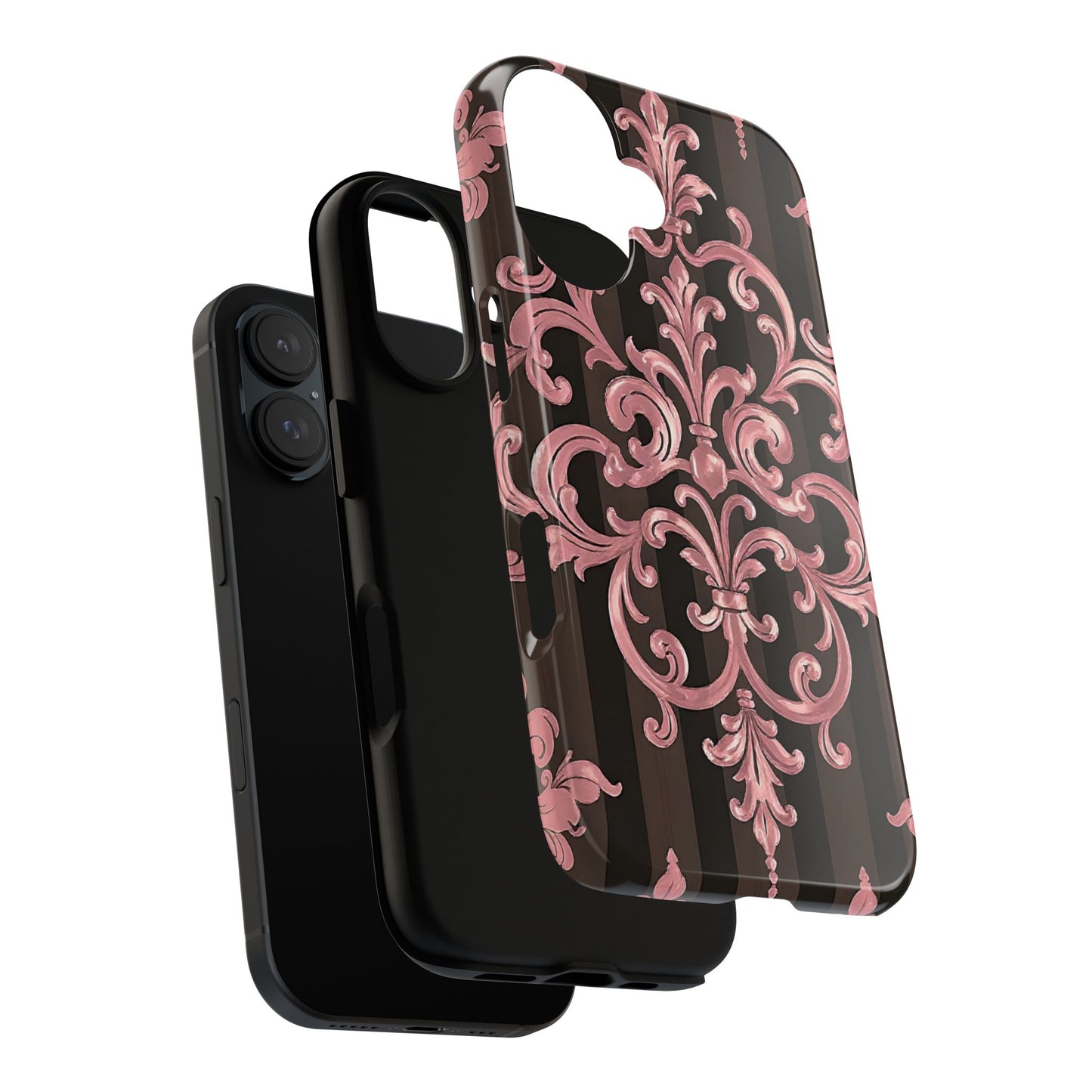 Elegant Floral Motif Phone Case - Tough Cases with Vintage Design - Brown Striped Mauve Damask