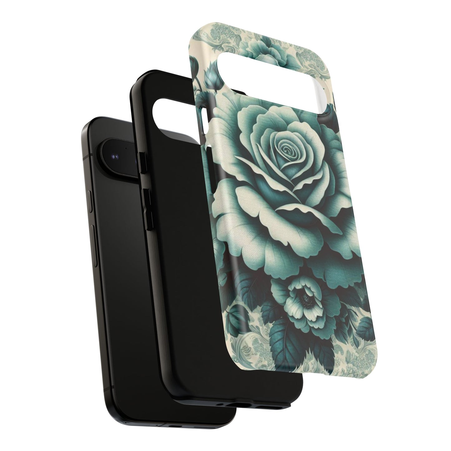 Elegant Floral Motif Phone Case - Tough Cases with Vintage Design - Teal Roses & Damask